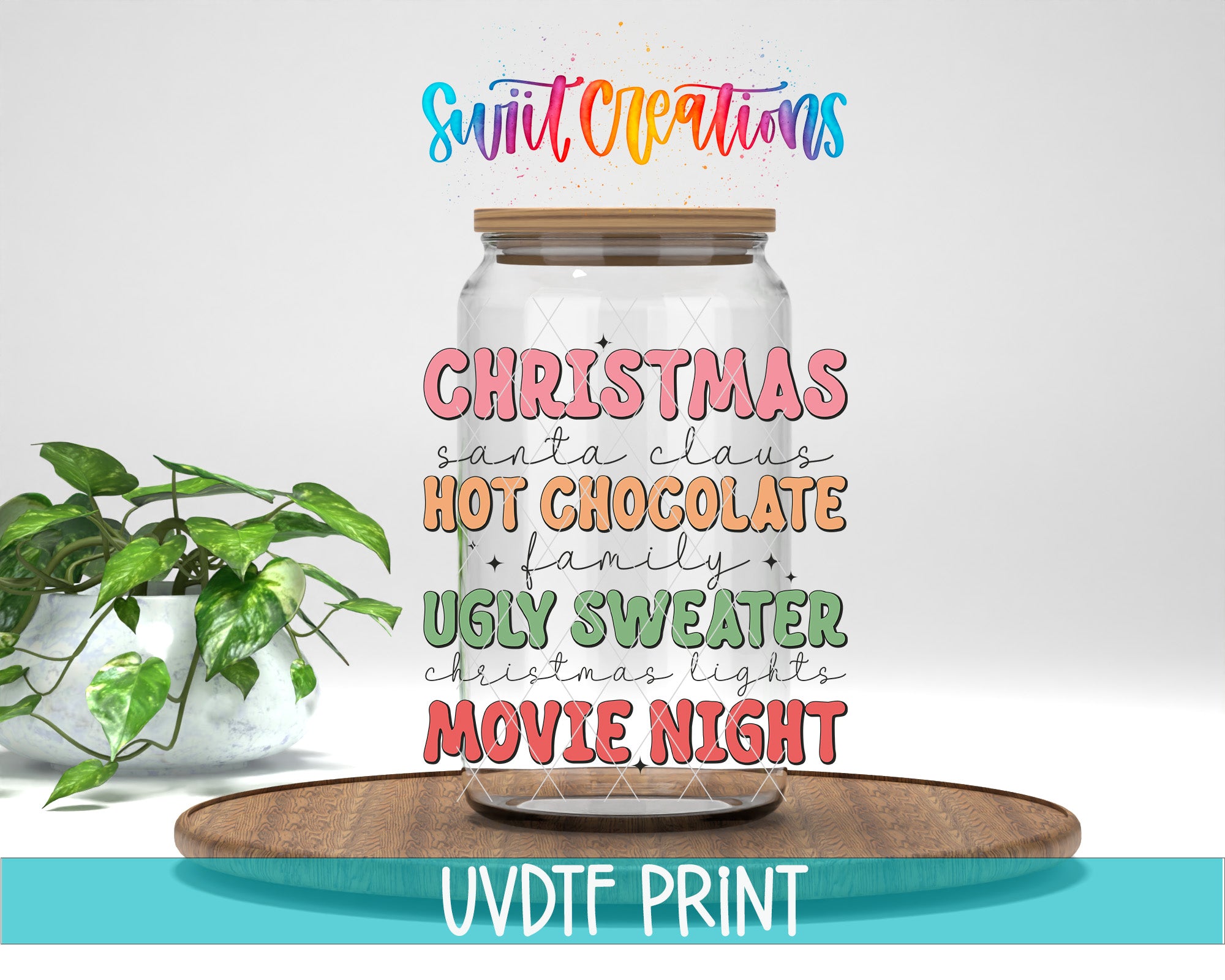 The image is a promotional graphic for a company called "Swit Creations" that offers various holiday-themed items, including Christmas, Santa Claus, hot chocolate, family, ugly sweater, Christmas lights, and a movie night.