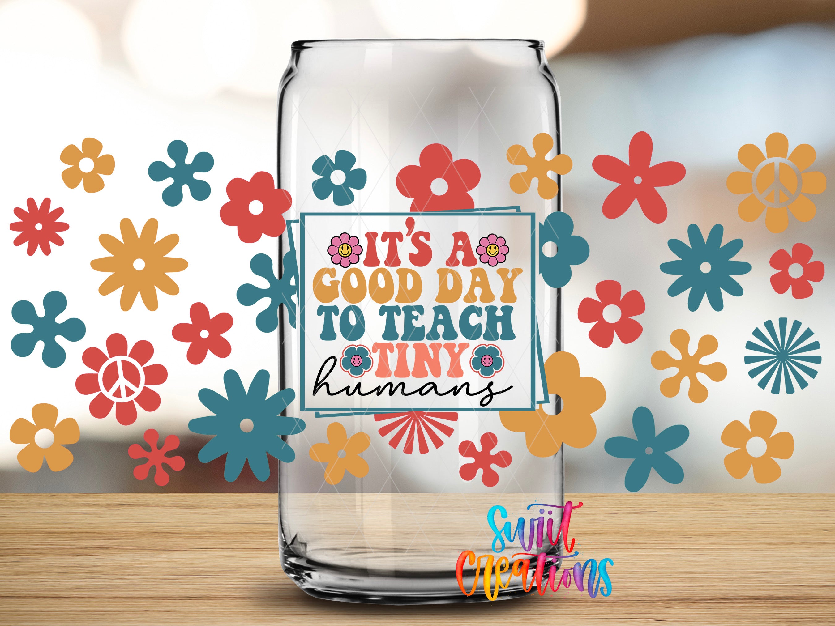 A clear glass jar with a colorful sticker on it, surrounded by various colorful flowers and shapes.