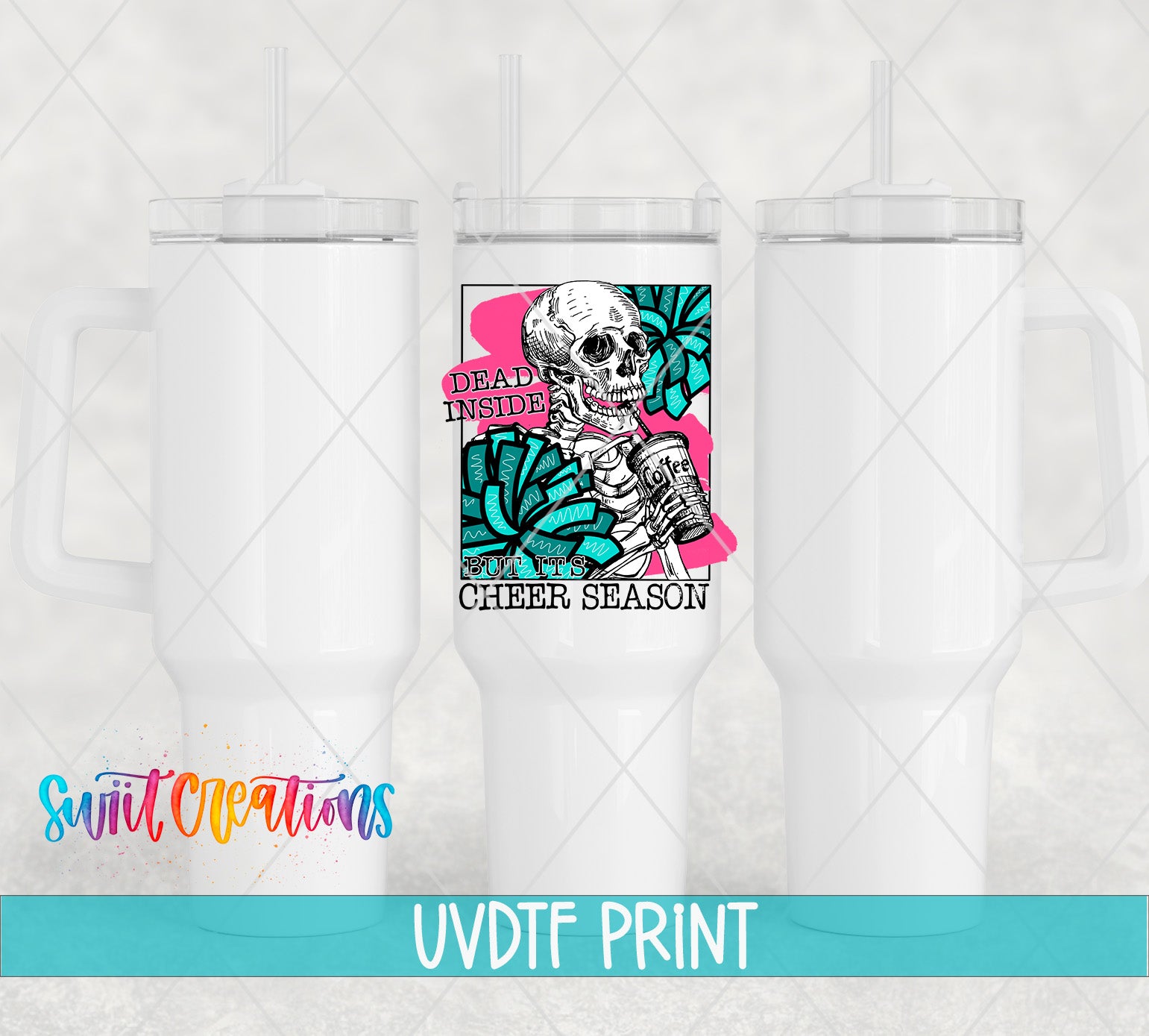 a white tumbler with a printed design on it, including a skull and a floral pattern.