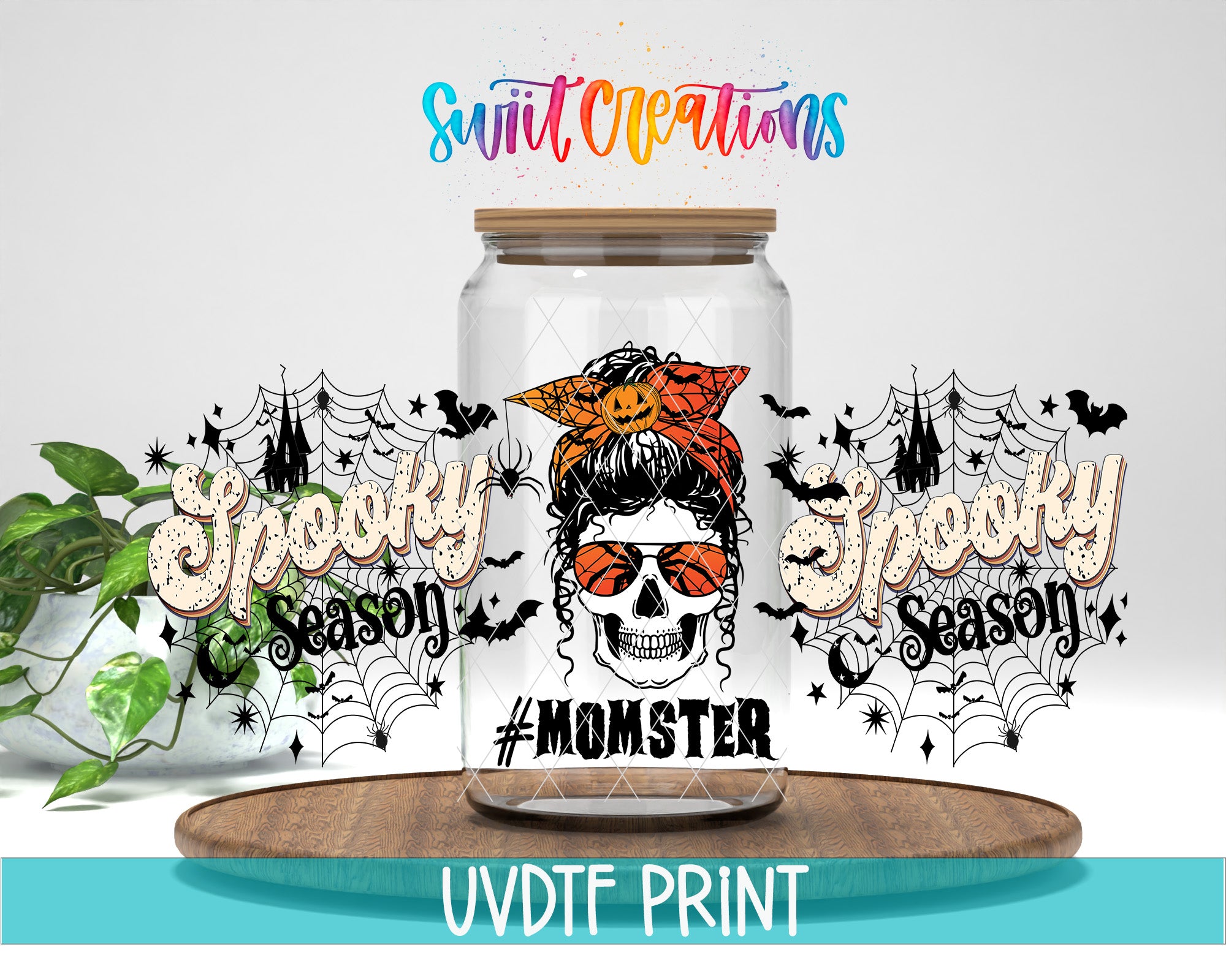 a glass jar with a skull wearing sunglasses and a scarf, surrounded by Halloween-themed graphics and text.