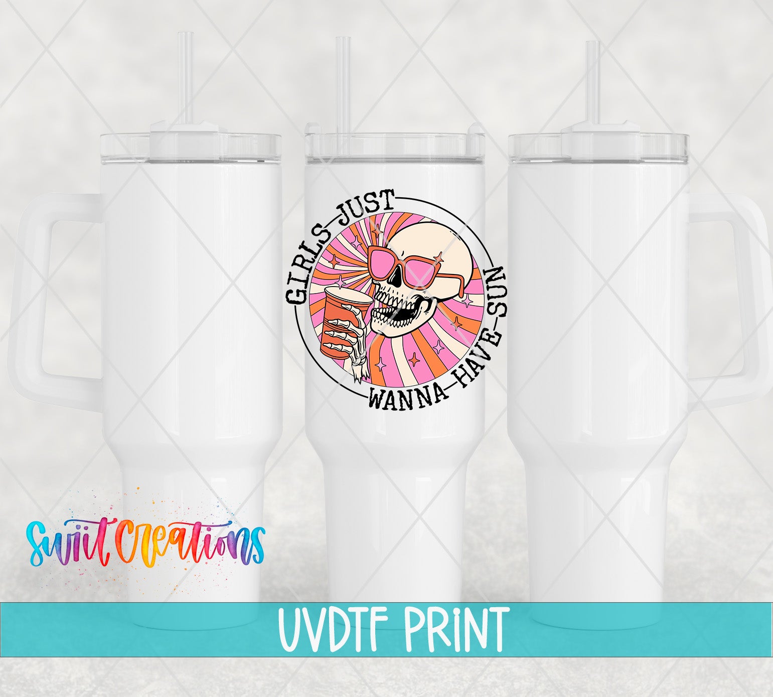 a white tumbler with a skull and a pink ribbon on it