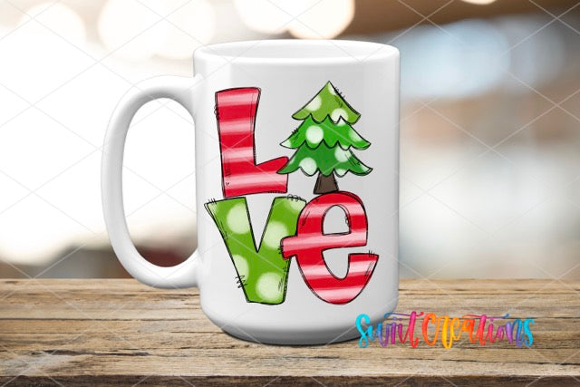 a coffee mug with the word love painted on it