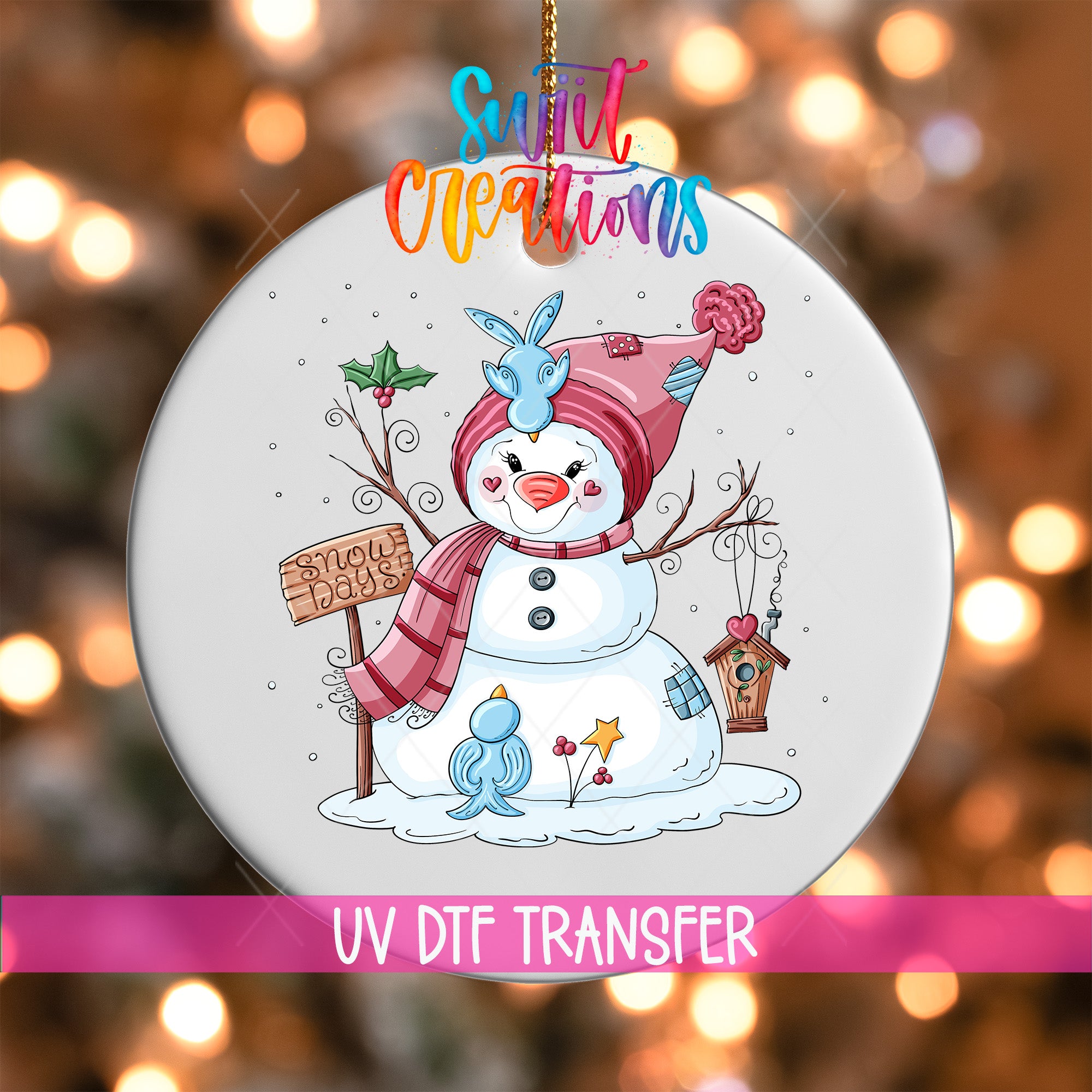 A snowman ornament with a sign that says "Snow days" and various other decorations, including a bird, is displayed against a background of colorful lights.