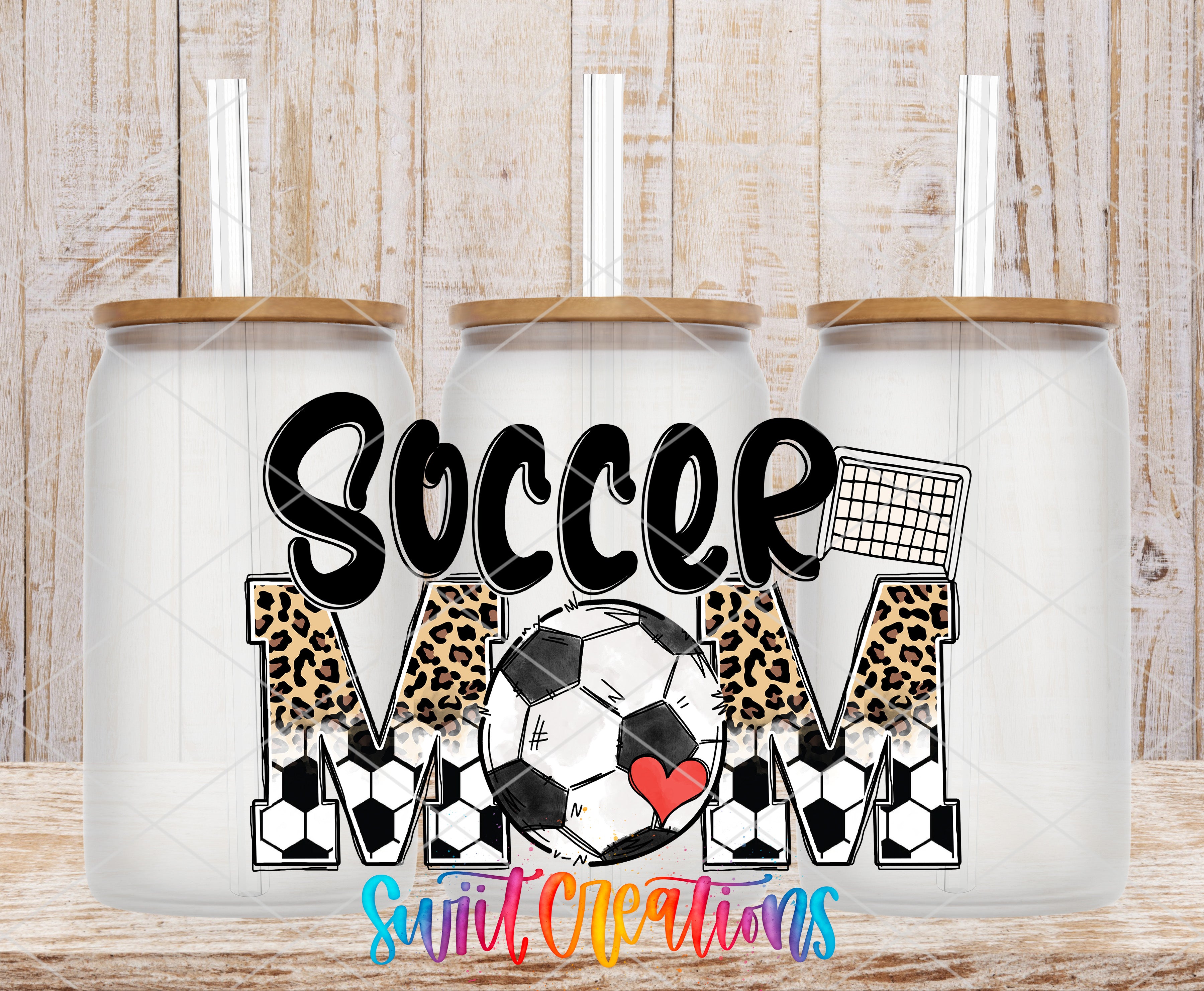 three glass tumblers with the text "SOCCER MOM" printed on them, along with leopard print and soccer ball designs.