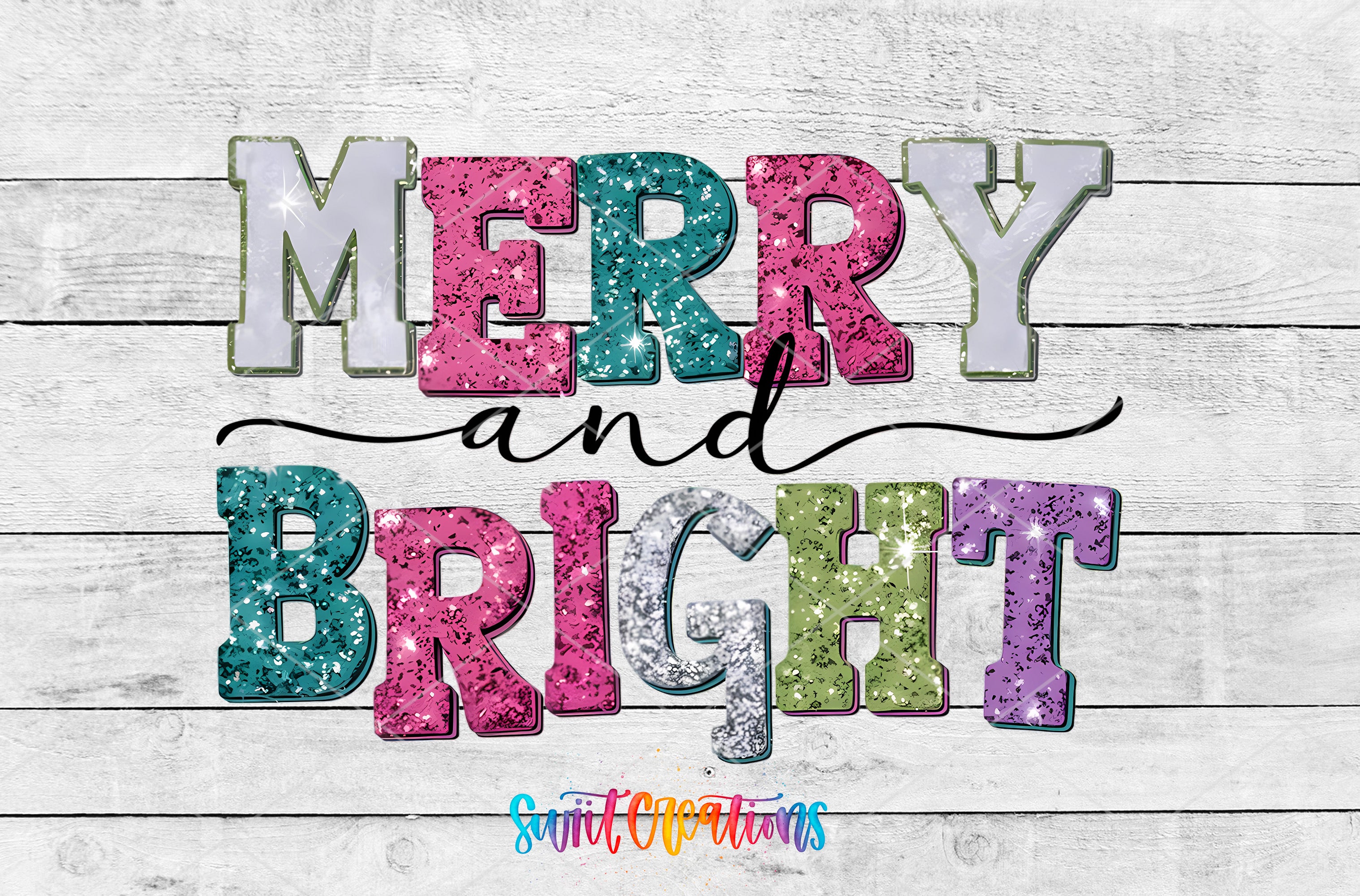a colorful and festive text that reads "MERRY and BRIGHT" with glitter accents.