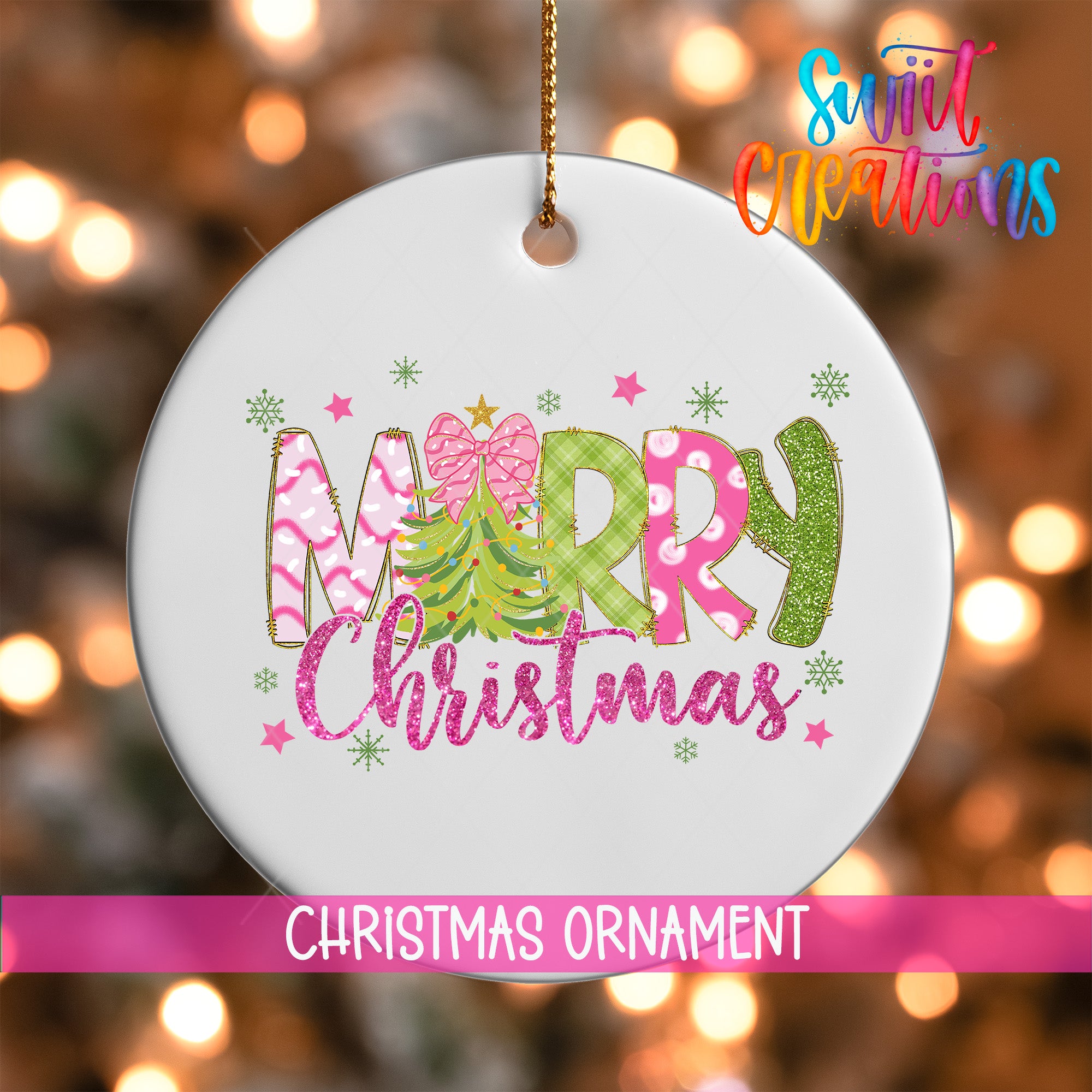 A white Christmas ornament with the text "Merry Christmas" in a colorful, festive design.