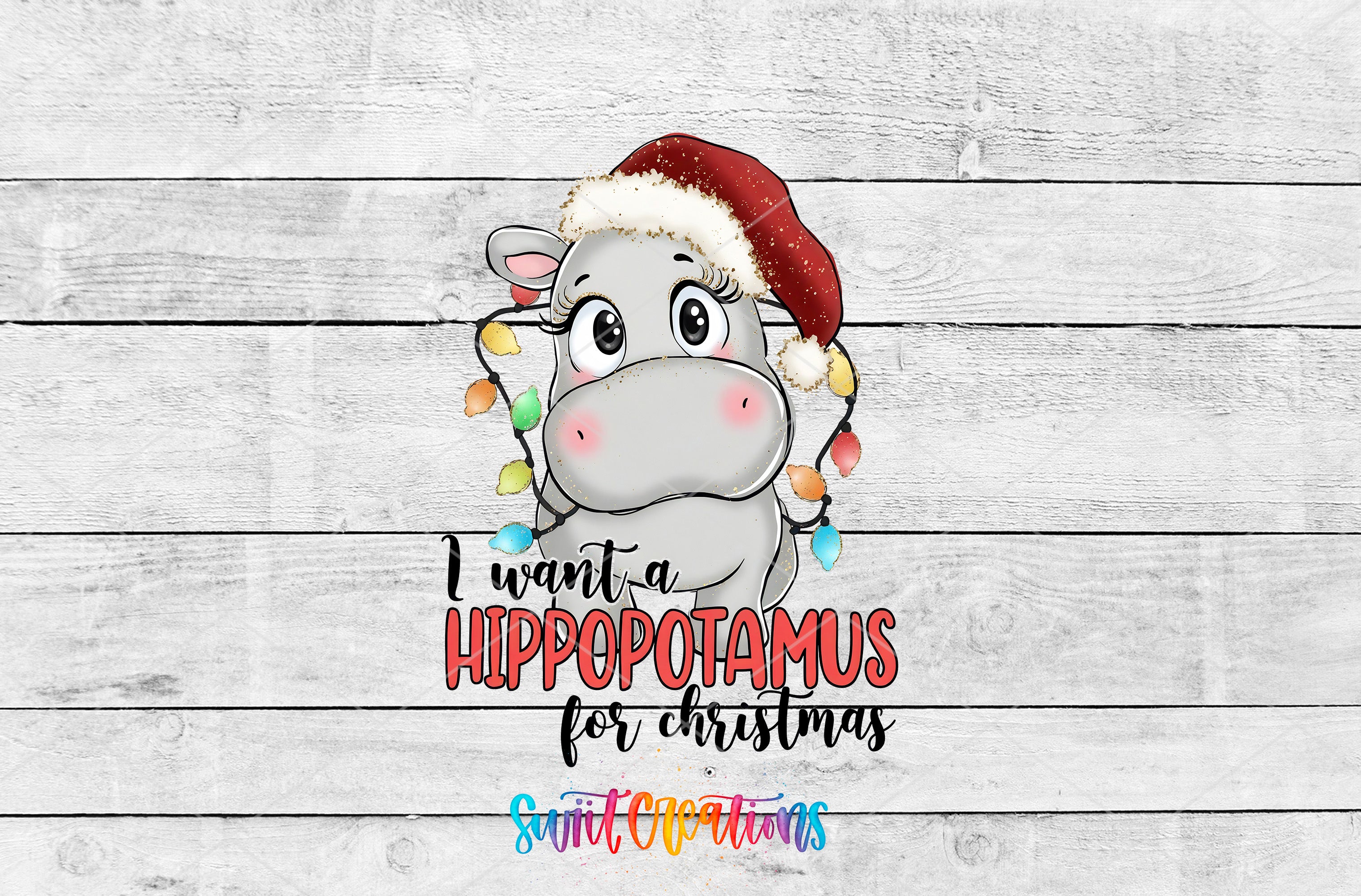 A cartoon illustration of a hippopotamus wearing a Santa hat and surrounded by Christmas lights, with the text "I want a Hippopotamus for Christmas" below it.