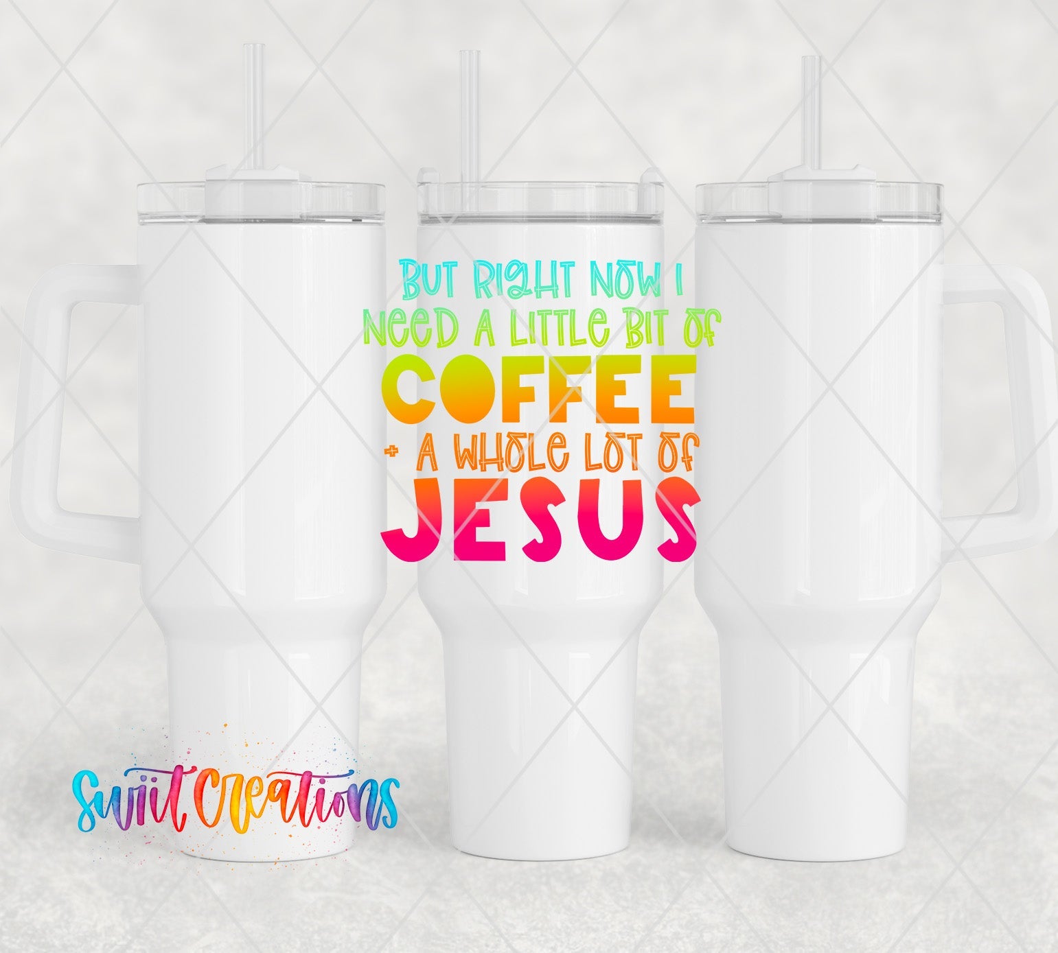 three white coffee mugs with colorful lettering on them