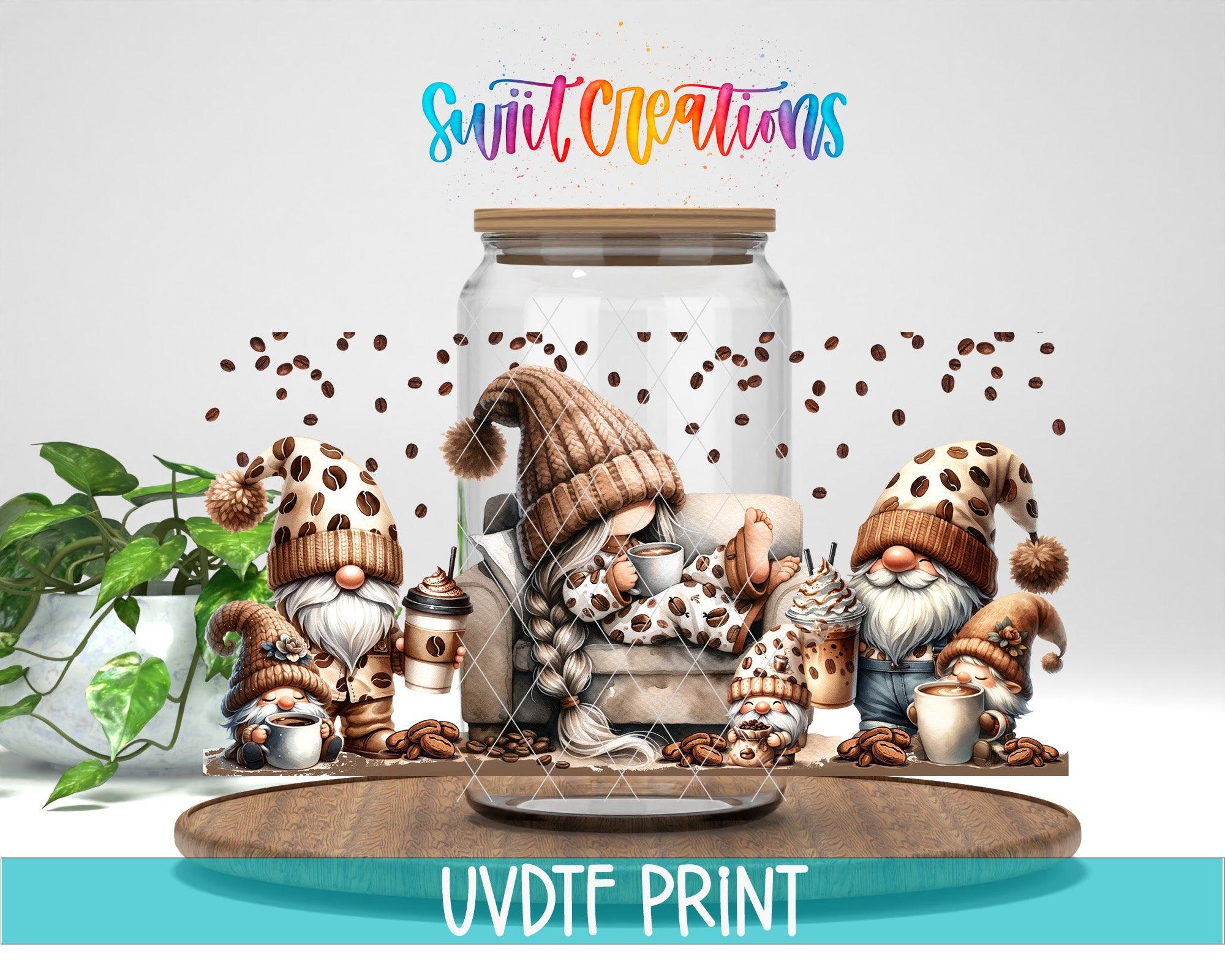 a group of gnomes sitting in front of a glass jar