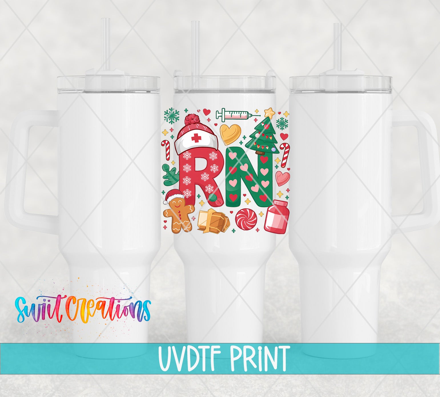 three white tumblers with christmas designs on them