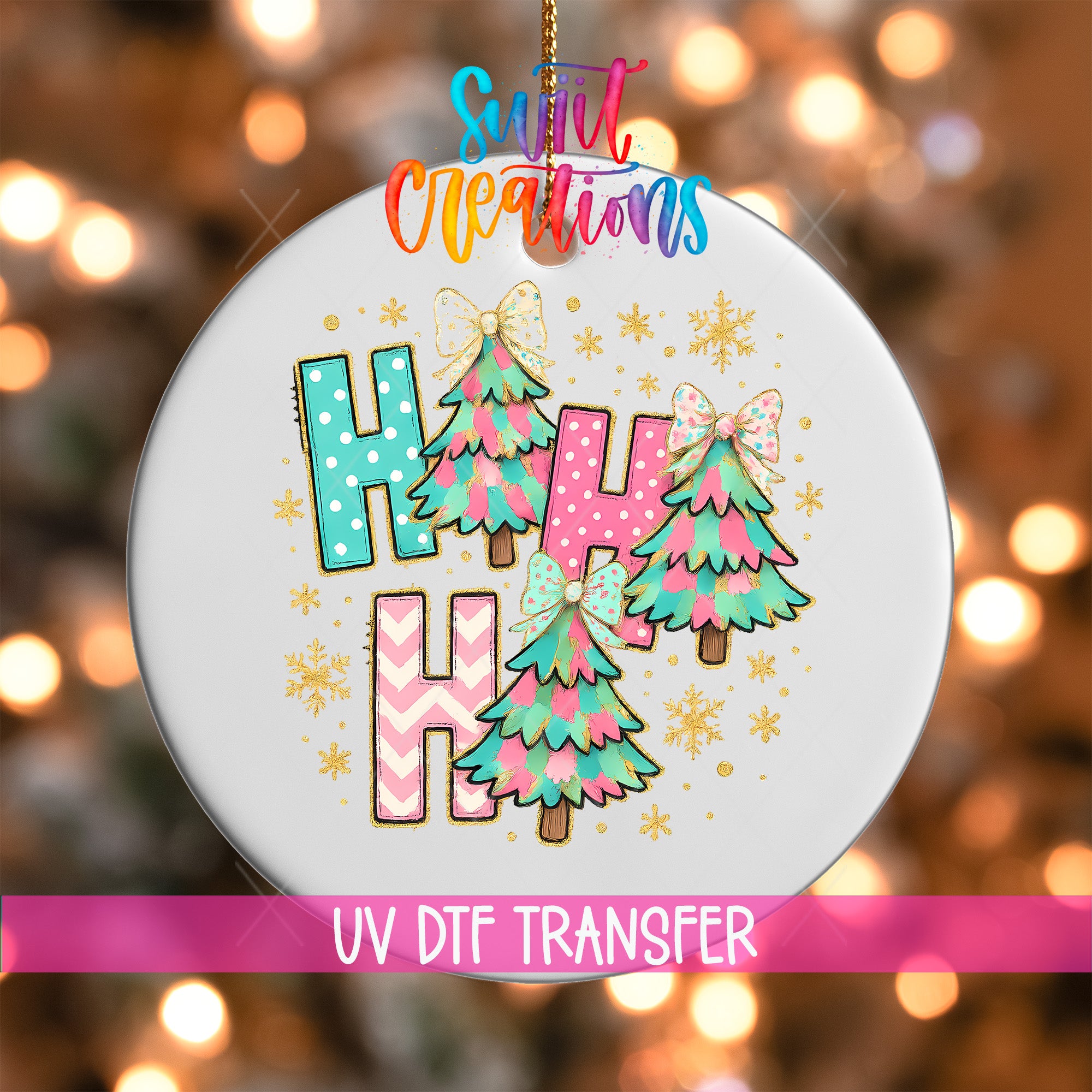 A decorative ornament with a festive design featuring colorful Christmas trees and snowflakes.