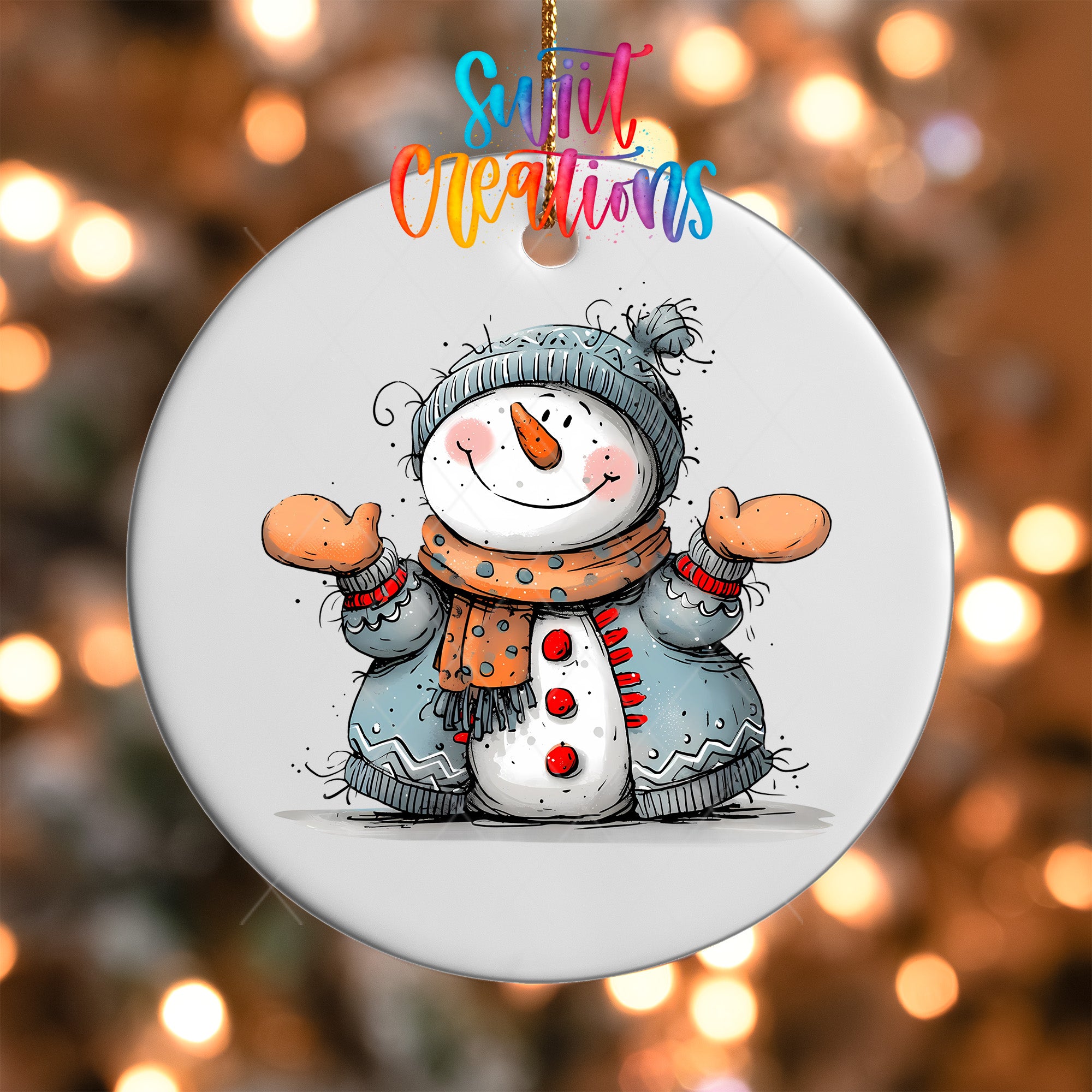 A snowman ornament with a colorful scarf and hat, smiling and waving, is hanging against a background of twinkling lights.