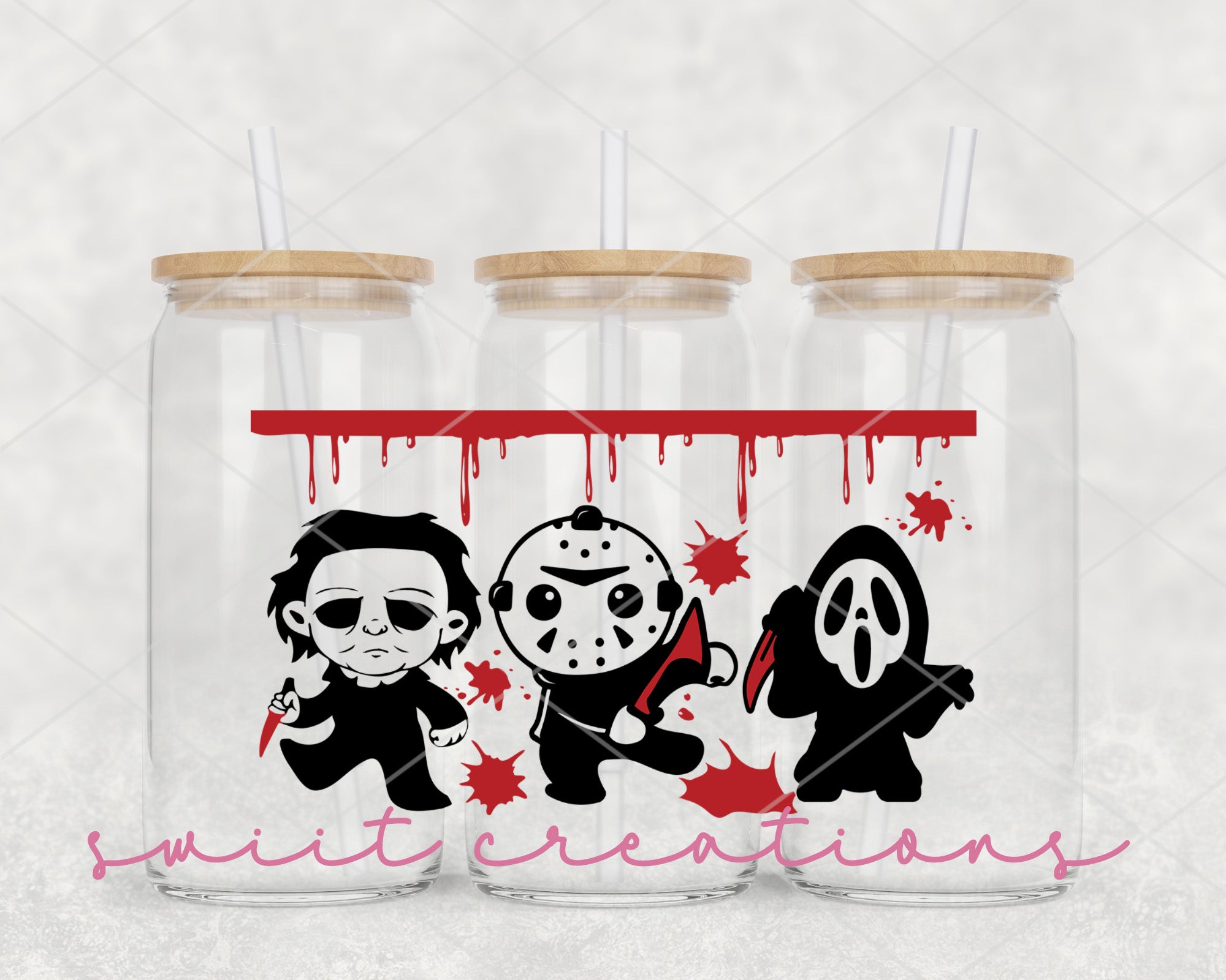 a couple of glass jars with some cartoon characters on them