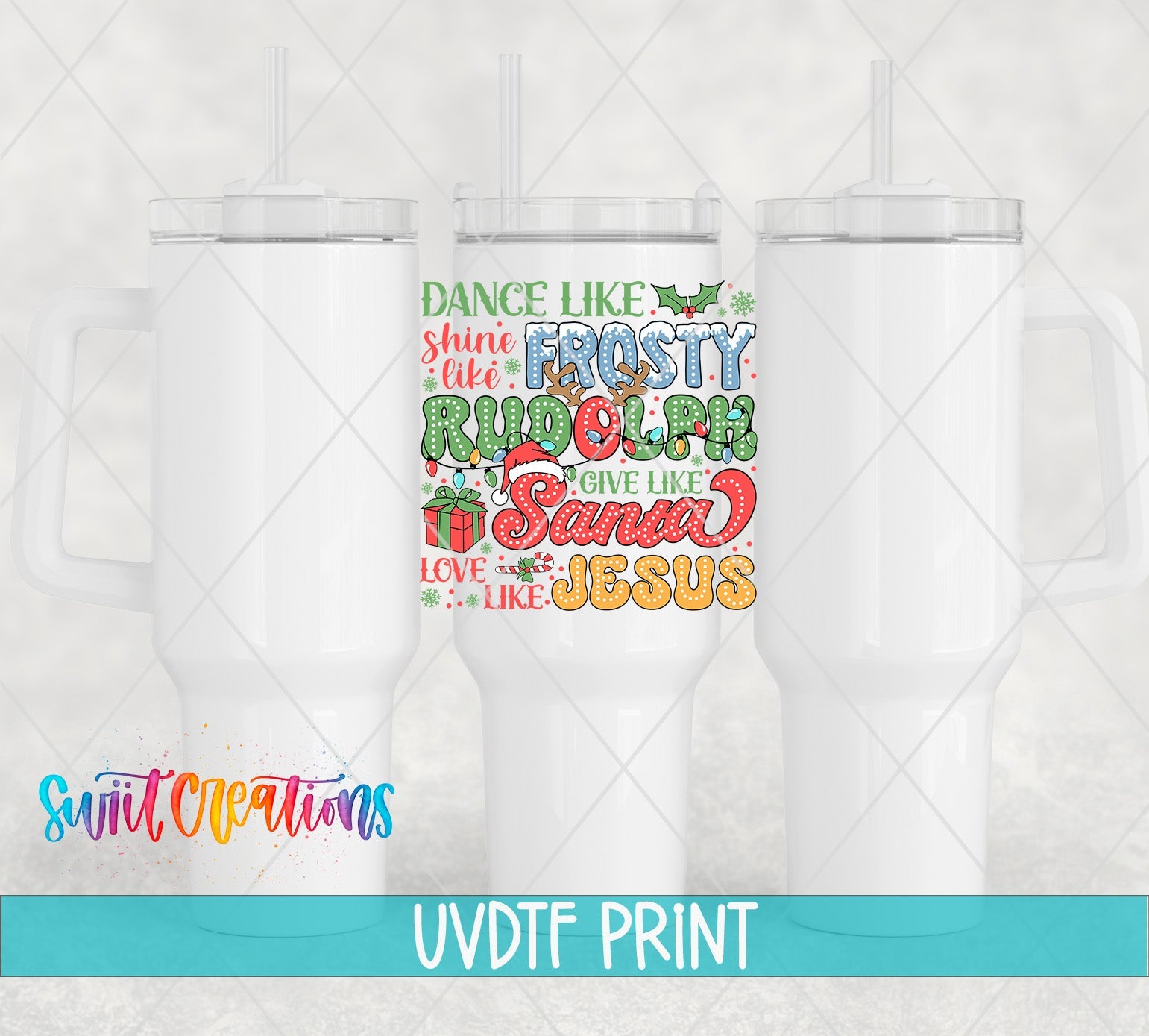 three white tumbles with colorful lettering on them