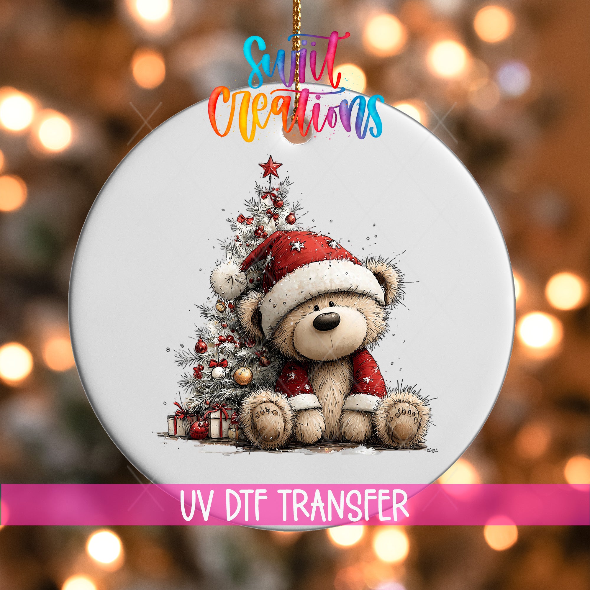 A white ornament with a teddy bear wearing a Santa hat and a red suit, sitting next to a Christmas tree.