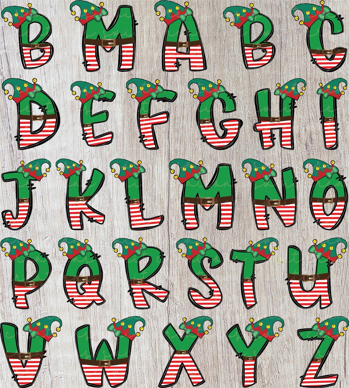 a collection of Christmas-themed letters, each with a festive elf hat design. The letters are arranged in a grid pattern, creating a visually appealing and festive display.