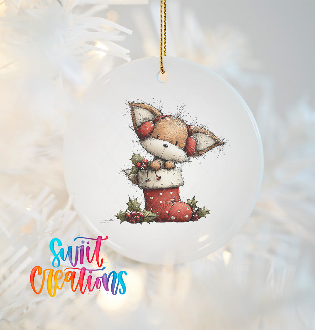 A ceramic ornament featuring a cartoon image of a cat wearing a red stocking cap and holding a holly leaf, hanging on a Christmas tree.