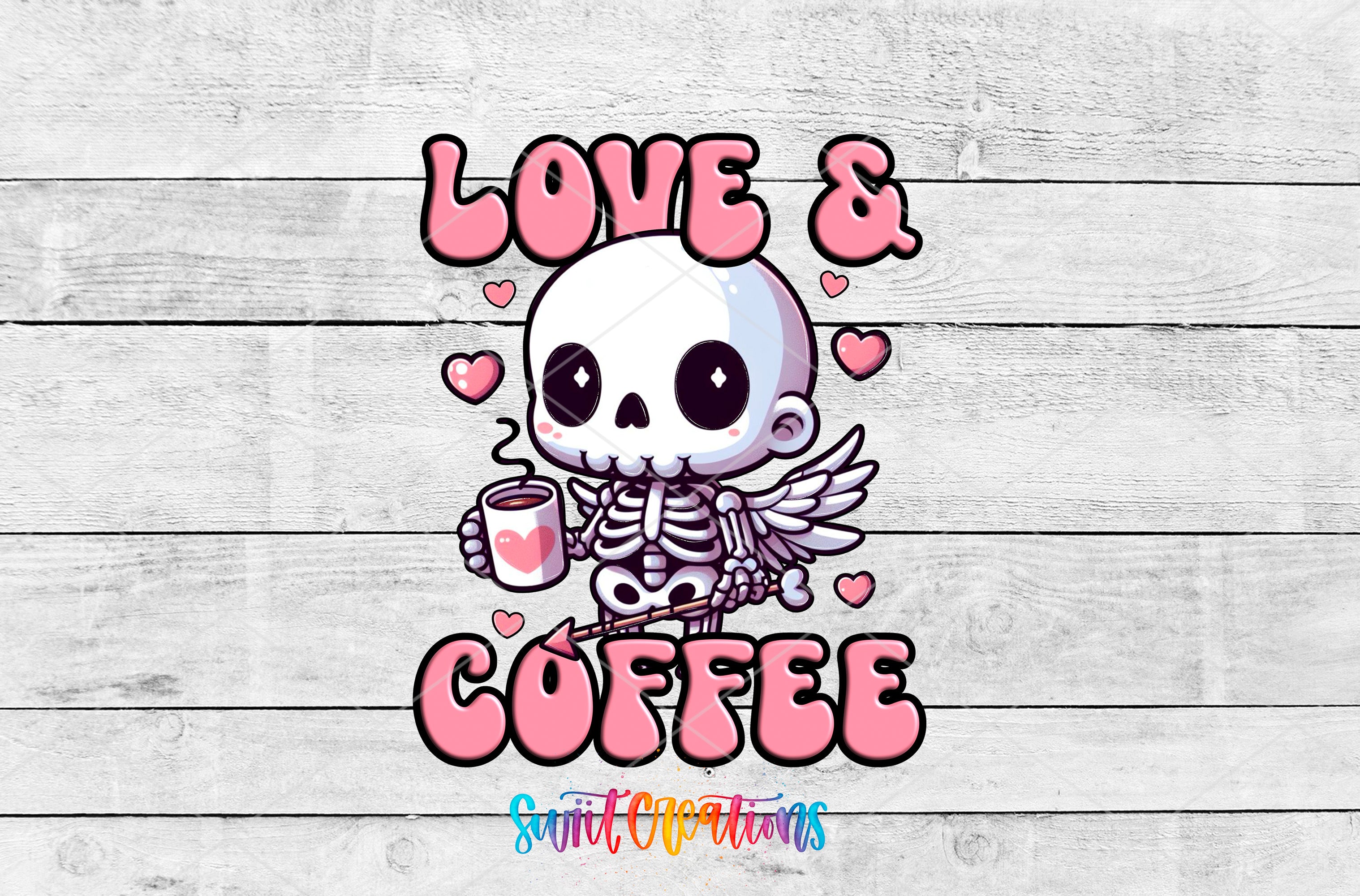 A cartoon skeleton holding a cup of coffee and surrounded by hearts, with the text "LOVE & COFFEE" prominently displayed.