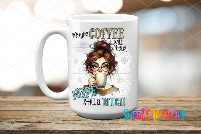 a coffee mug with a picture of a woman holding a cup of coffee