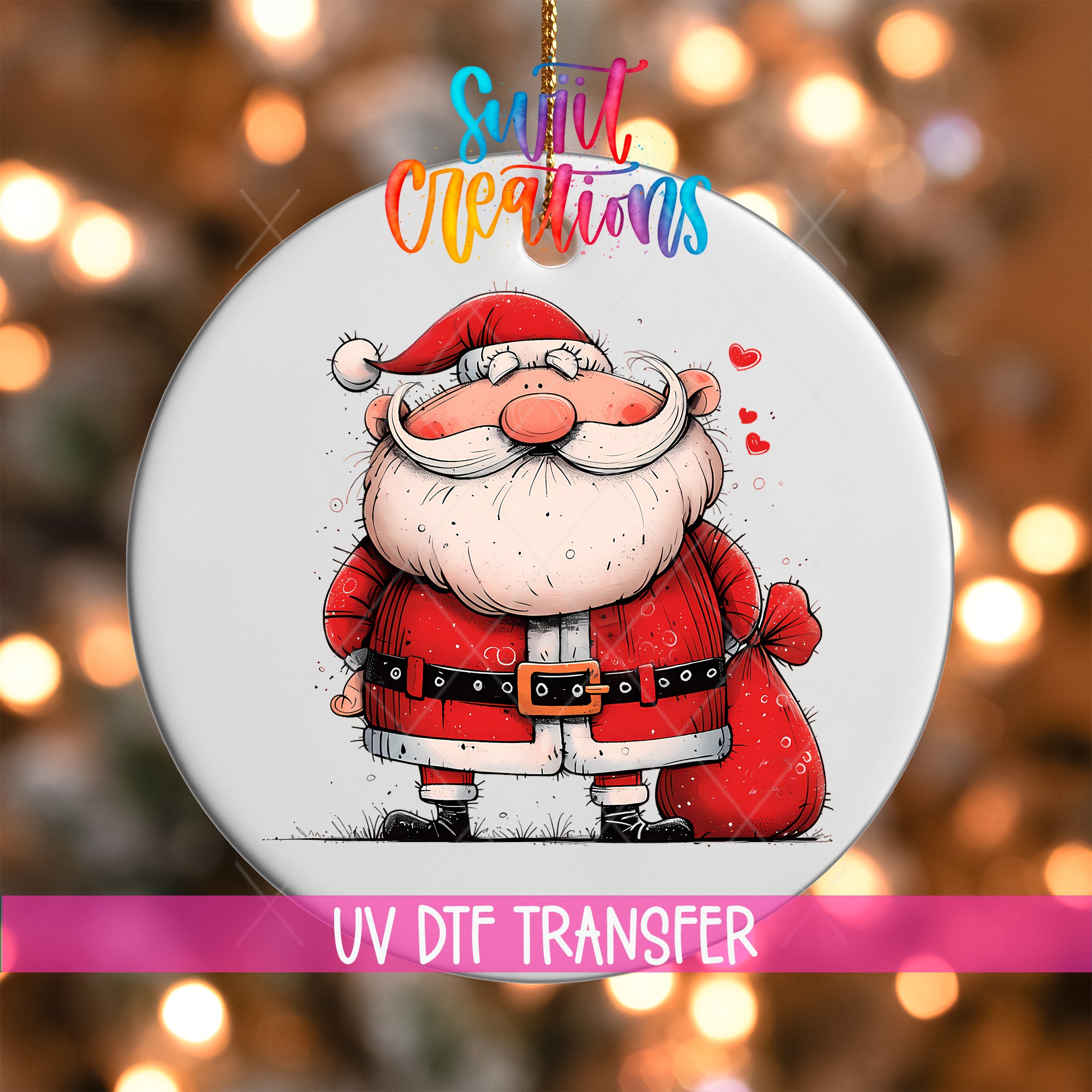 A round ornament featuring a cartoon illustration of Santa Claus with a bag of presents.