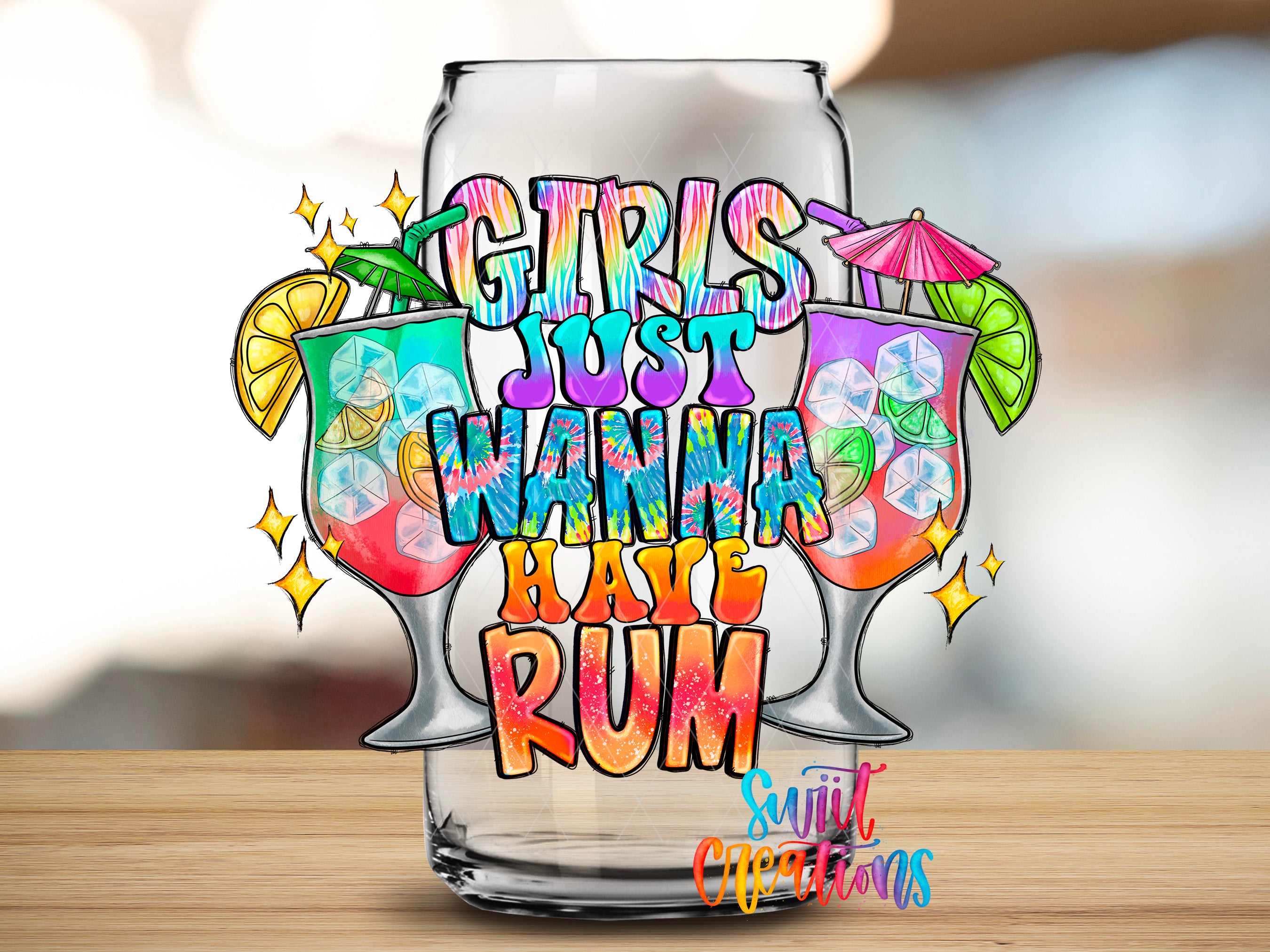 a colorful and vibrant illustration of a glass with the text "Girls just want rum" and various tropical-themed elements such as a straw, umbrella, and fruit.