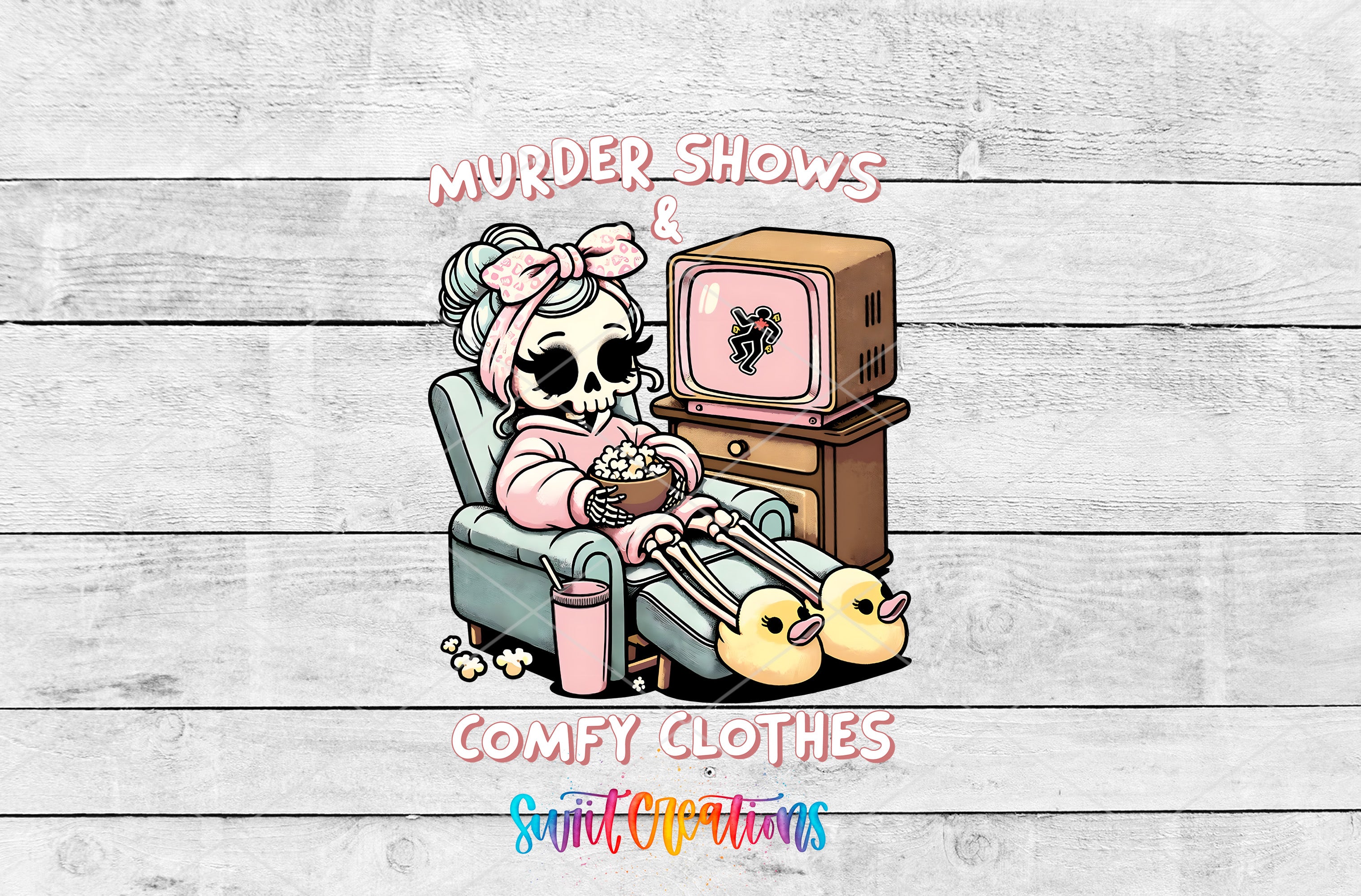 A cartoon illustration of a skeleton wearing a pink robe and holding a bowl of popcorn, sitting in a chair and watching a television.