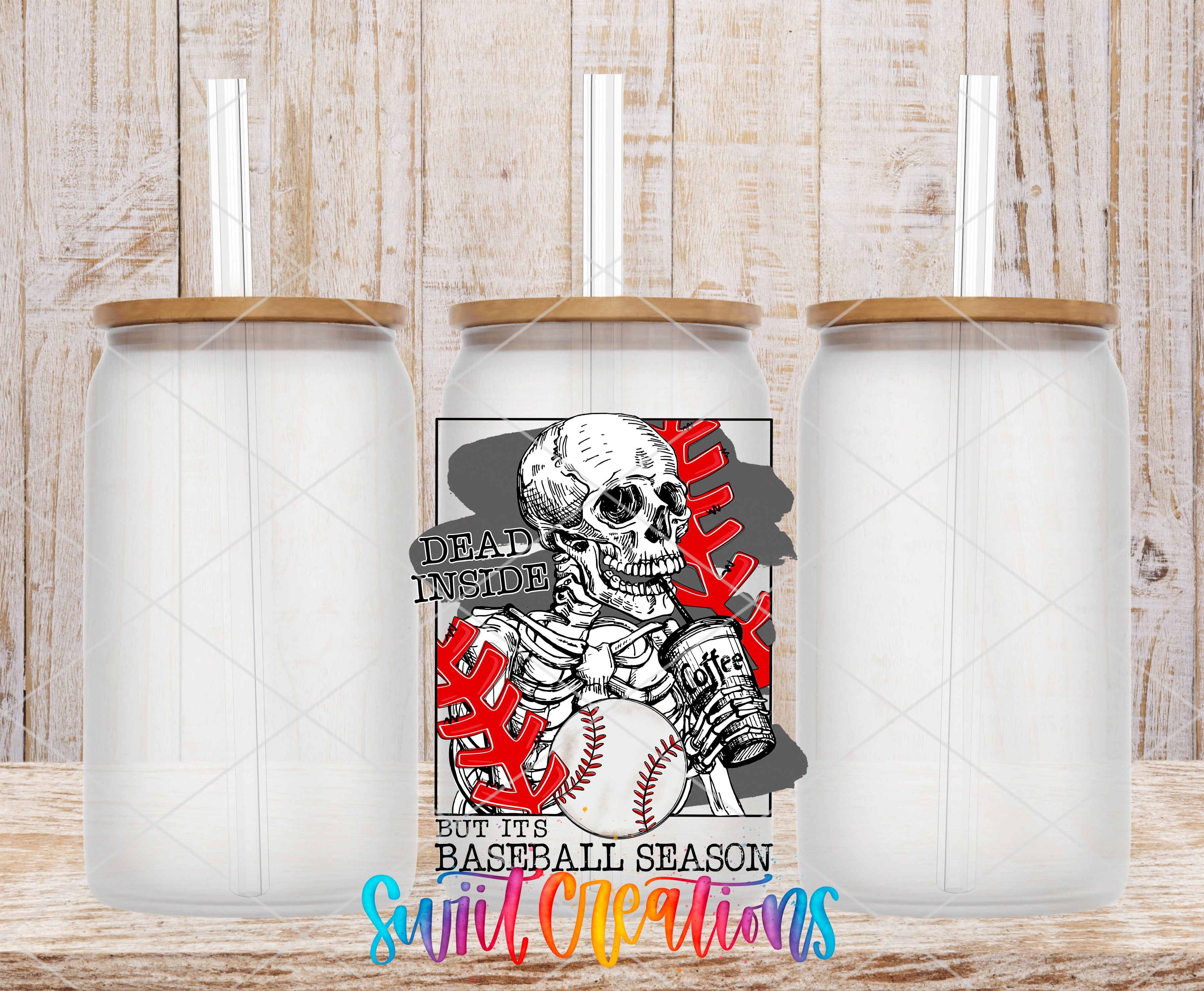 A tumbler with a skull design and baseball motif, along with the text "Dead inside but its baseball season" and "Swift cleanups" printed on it.