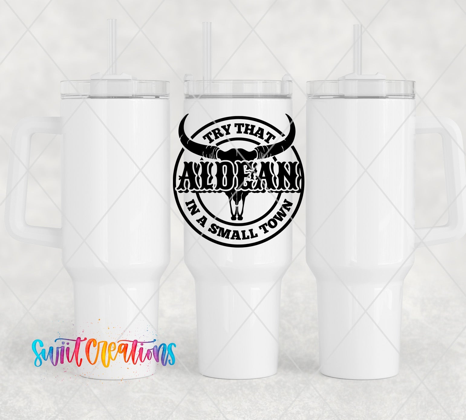two white tumblers with a bull's head on them