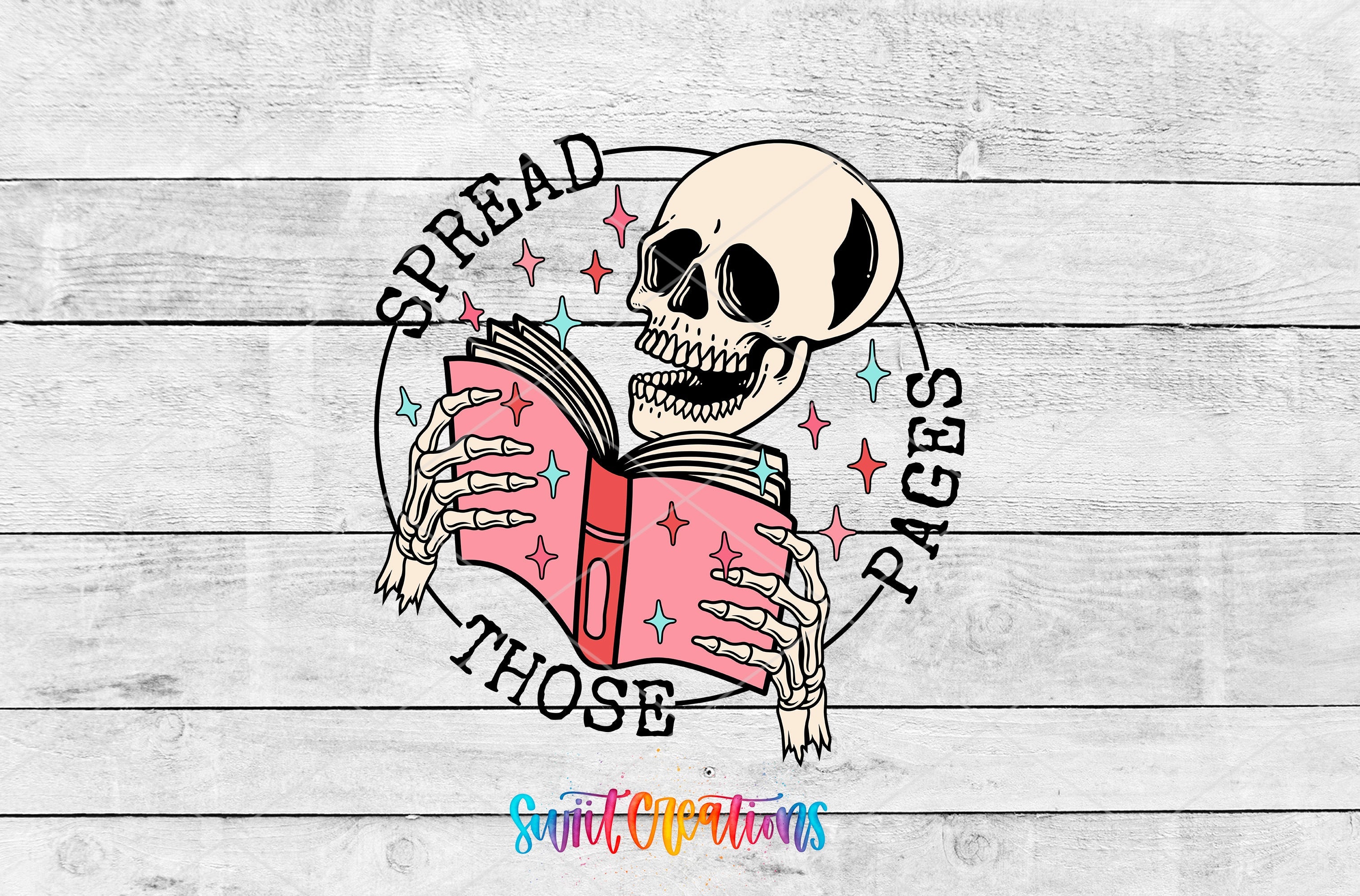 a skull reading a book with stars around it