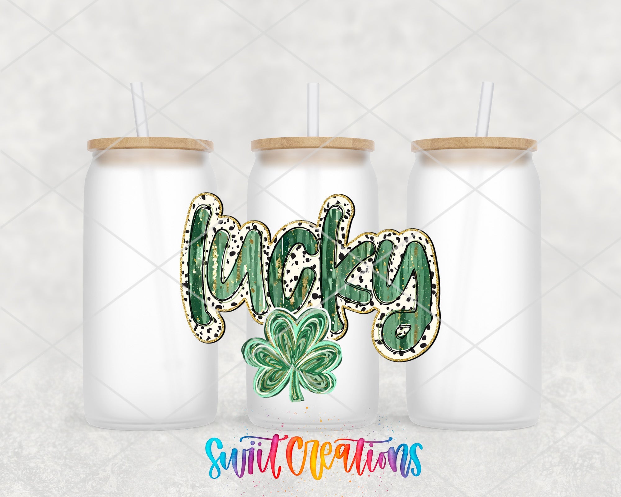 three white mason jars with green lettering and a shamrock