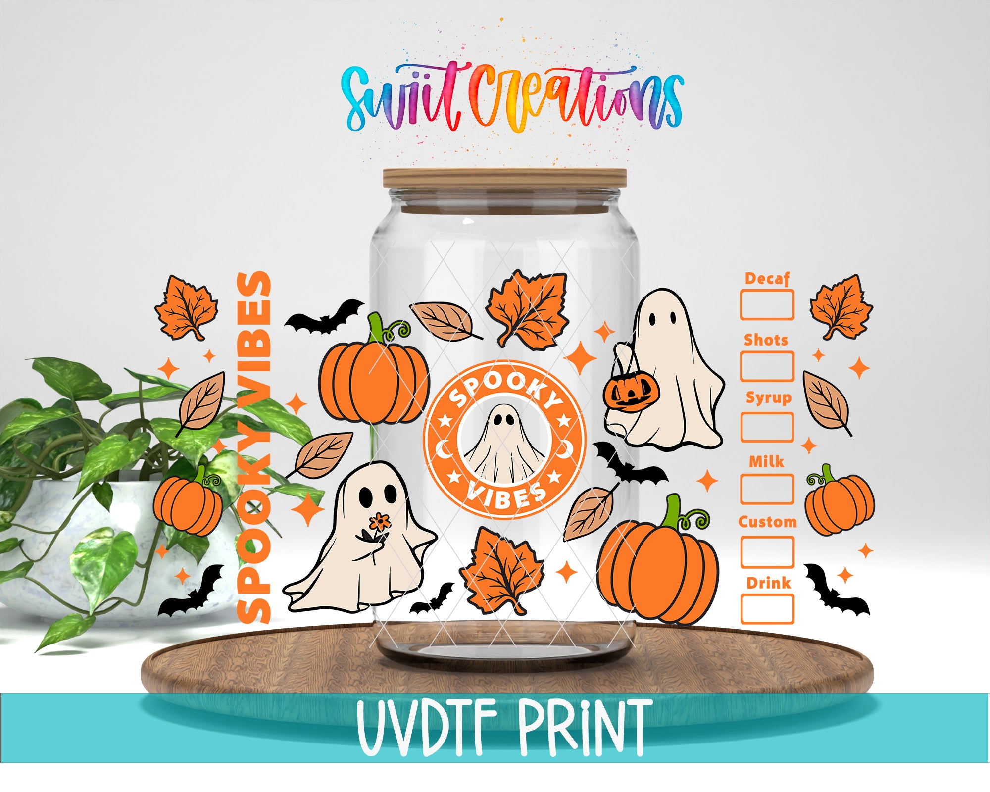 a Halloween-themed mug with a glass jar, pumpkins, bats, and ghostly figures. The mug is surrounded by various Halloween-related items, such as pumpkins, bats, and ghostly images. The mug is placed on a wooden surface, and there is a plant in the background. The image also includes text that reads "SPOOKY VIBES" and "UVDF PRINT", suggesting that this is a printed design or illustration.