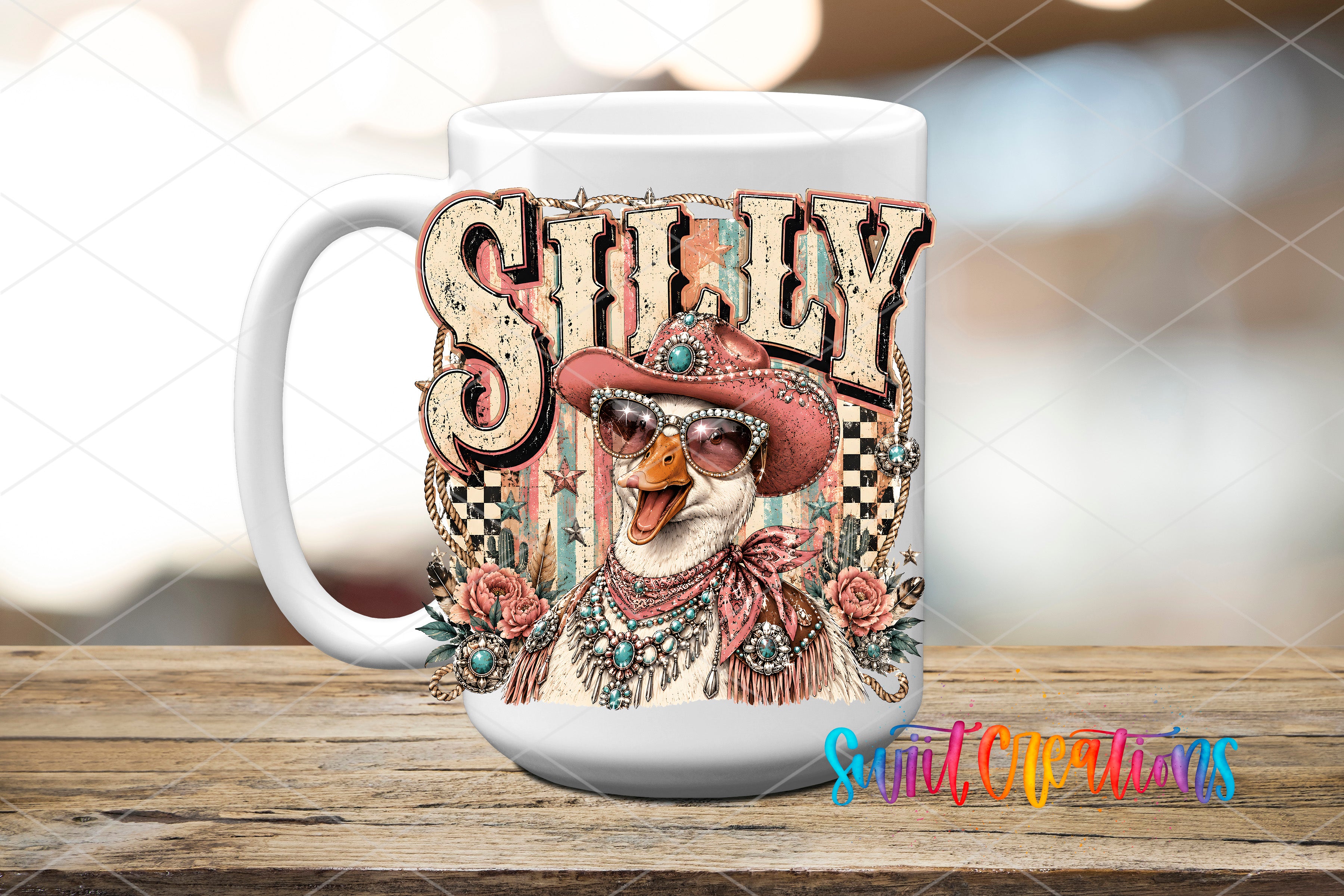 A white ceramic mug with a colorful and whimsical design featuring a cartoon duck wearing sunglasses and a hat, surrounded by floral elements and text.
