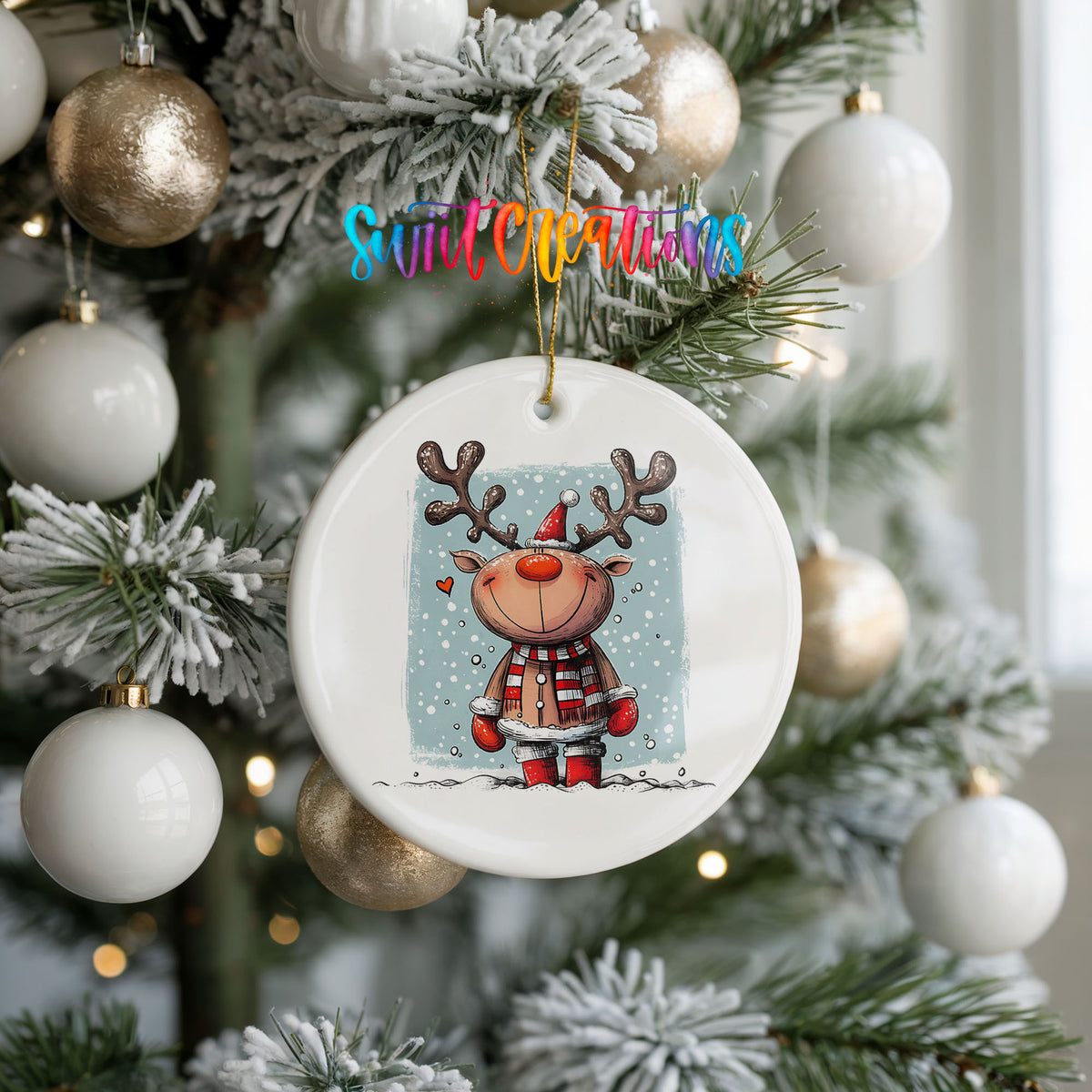A white Christmas tree decorated with ornaments, including a ceramic ornament featuring a cartoon reindeer.