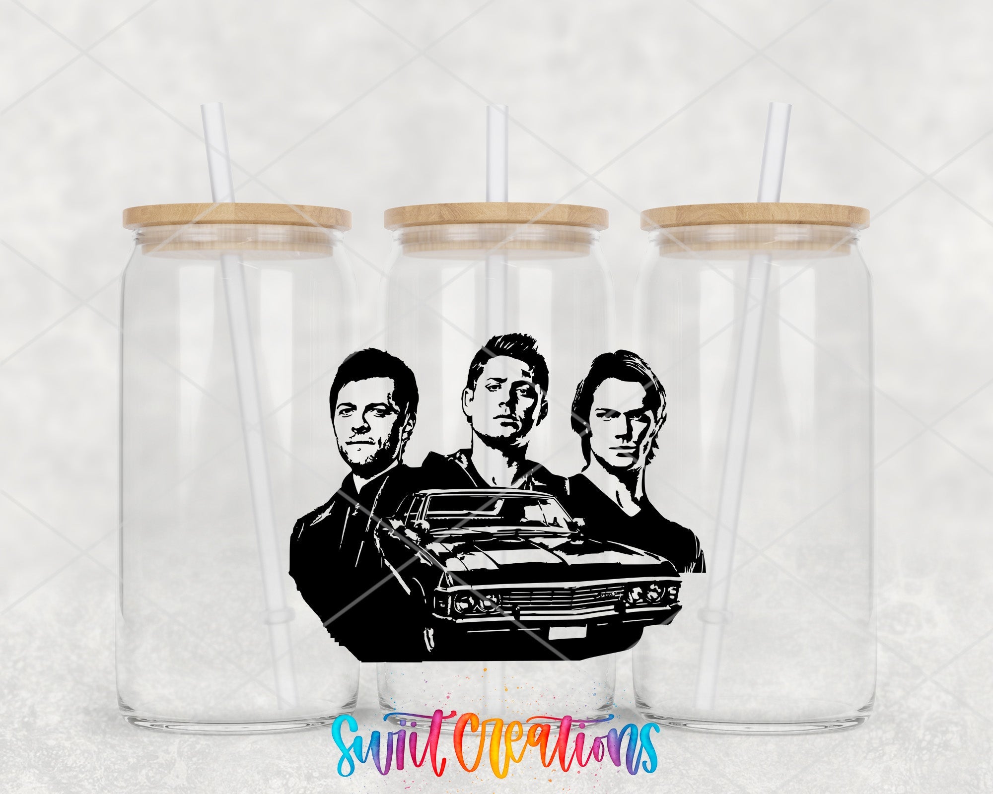 a couple of cups with a picture of two men holding a car