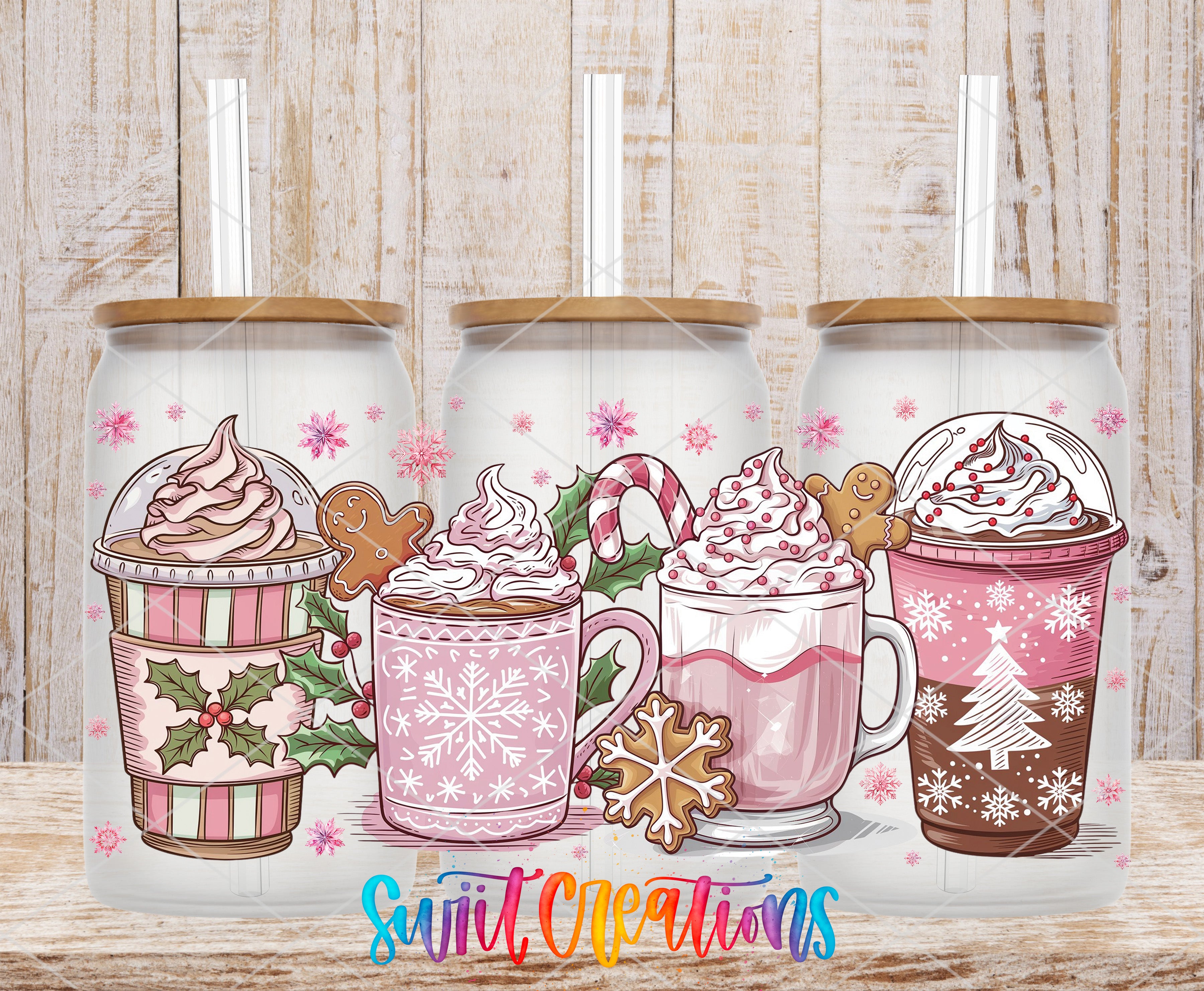 A collection of three colorful coffee mugs with various drinks, including hot chocolate, iced coffee, and hot chocolate with whipped cream, along with snowflakes and gingerbread cookies.