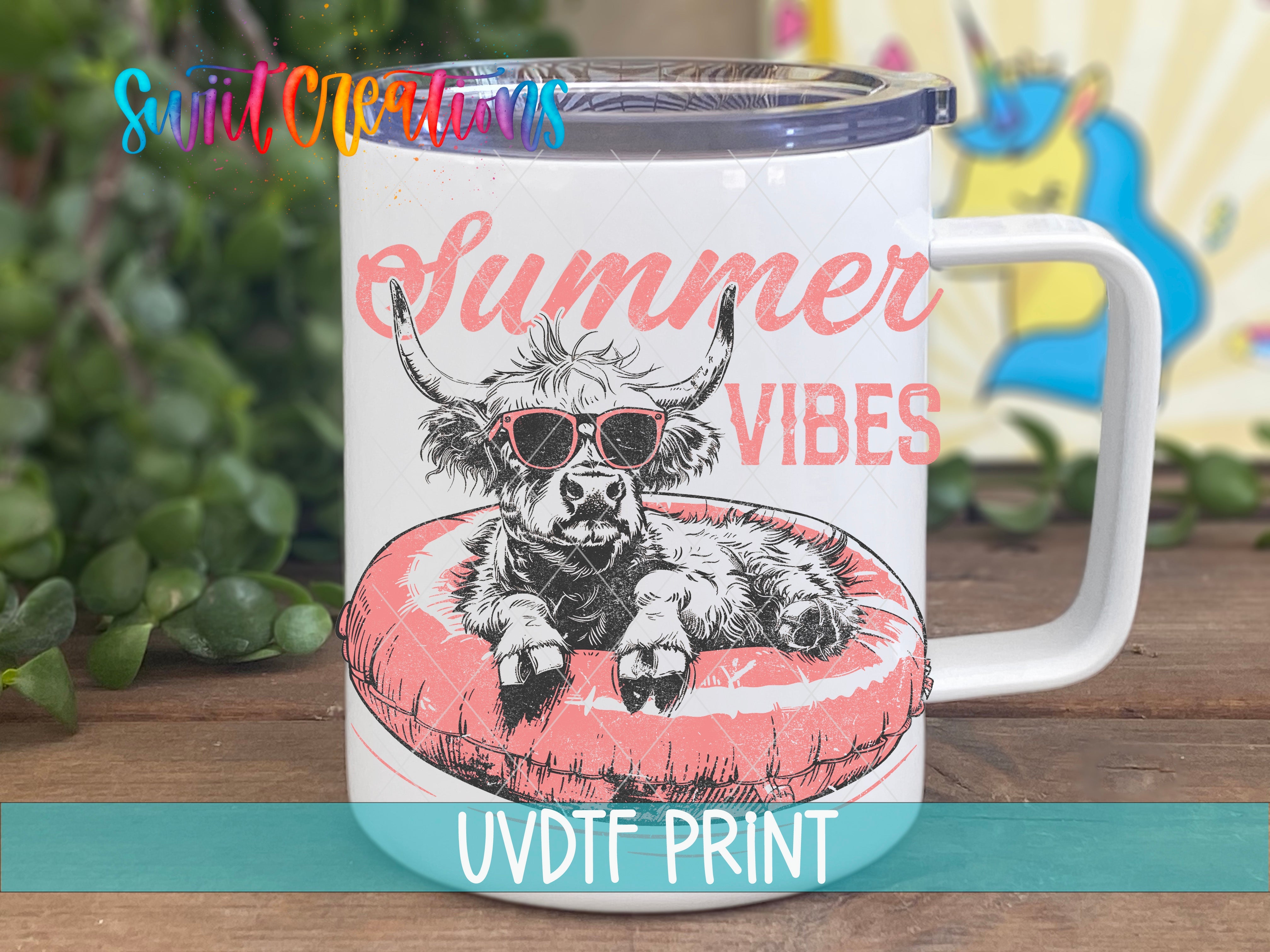 a coffee mug with a picture of a cow wearing sunglasses