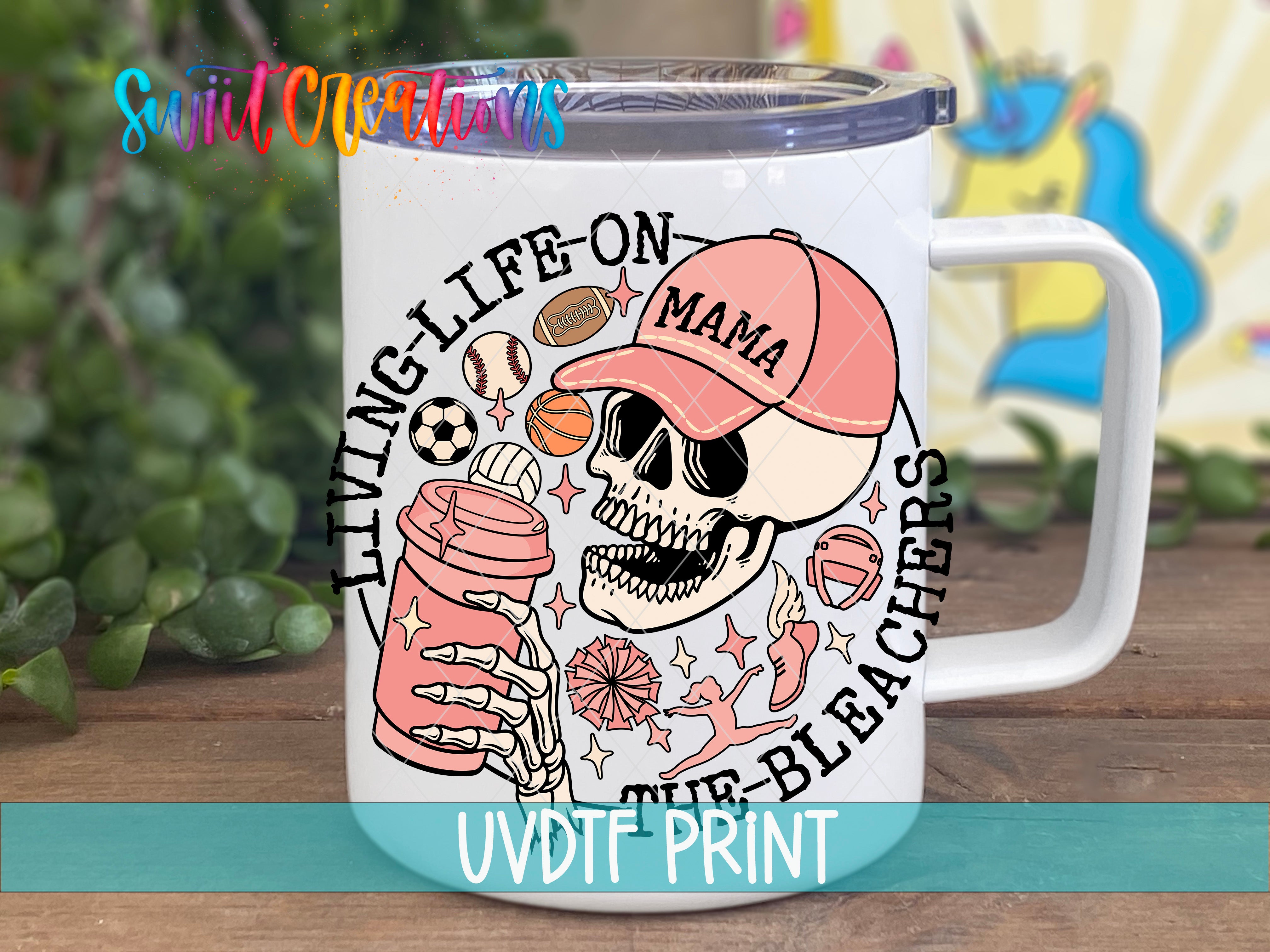 a white coffee mug with a pink hat on it
