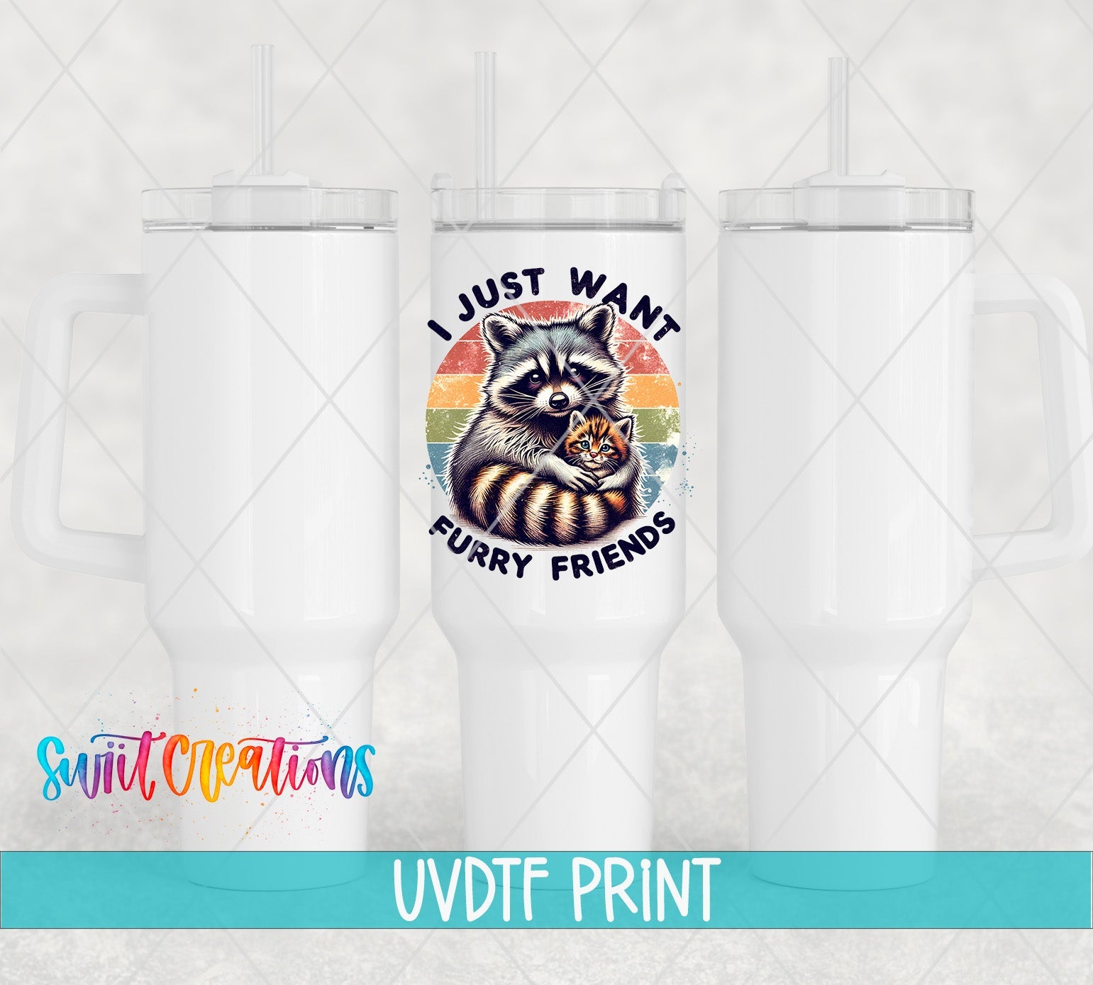 a white tumbler with a raccoon on it
