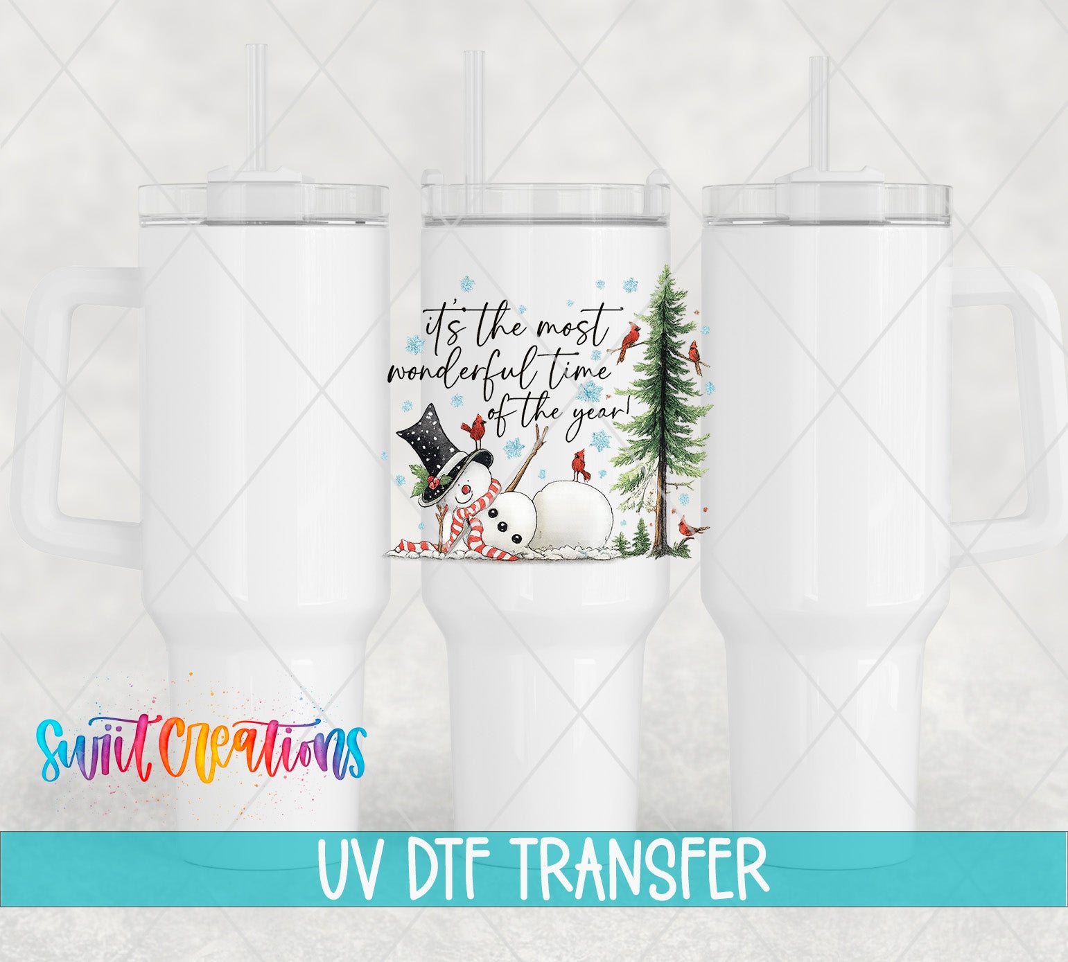 The image is a promotional image for a UV DFT (Volumetric Digital Transfer) transfer service, featuring three white tumblers with a snowman and Christmas tree design.