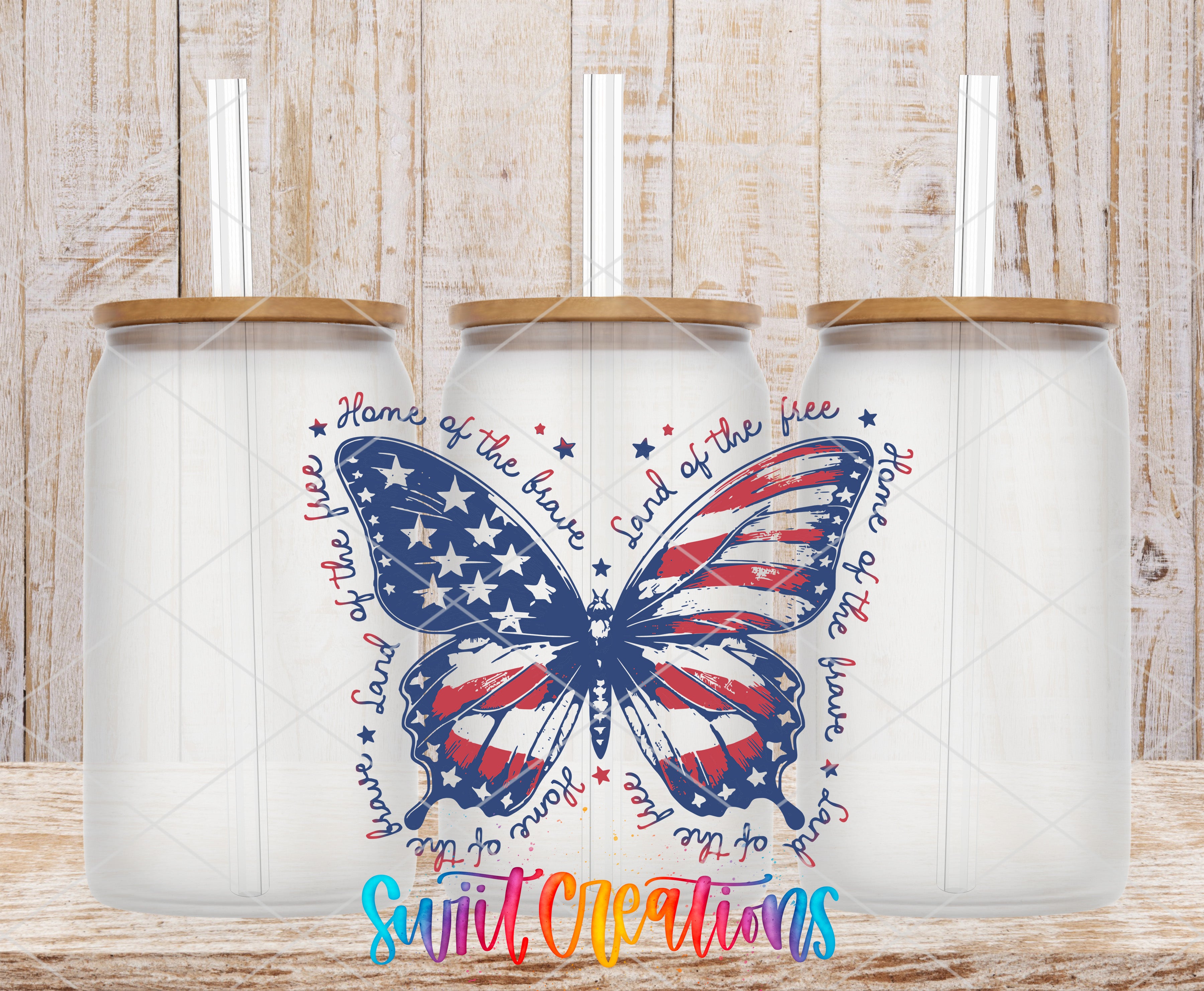 three glass jars with a patriotic design of a butterfly and the American flag, along with the text "Home of the free" and "Land of the free" written around the butterfly.