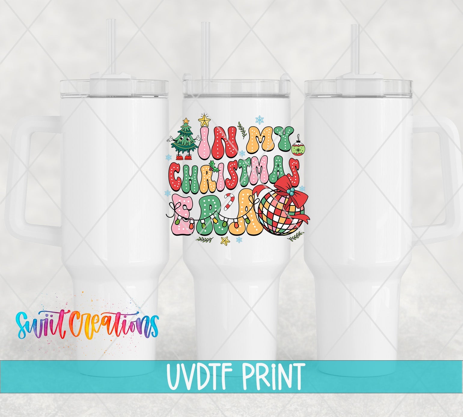 three white tumblers with christmas designs on them