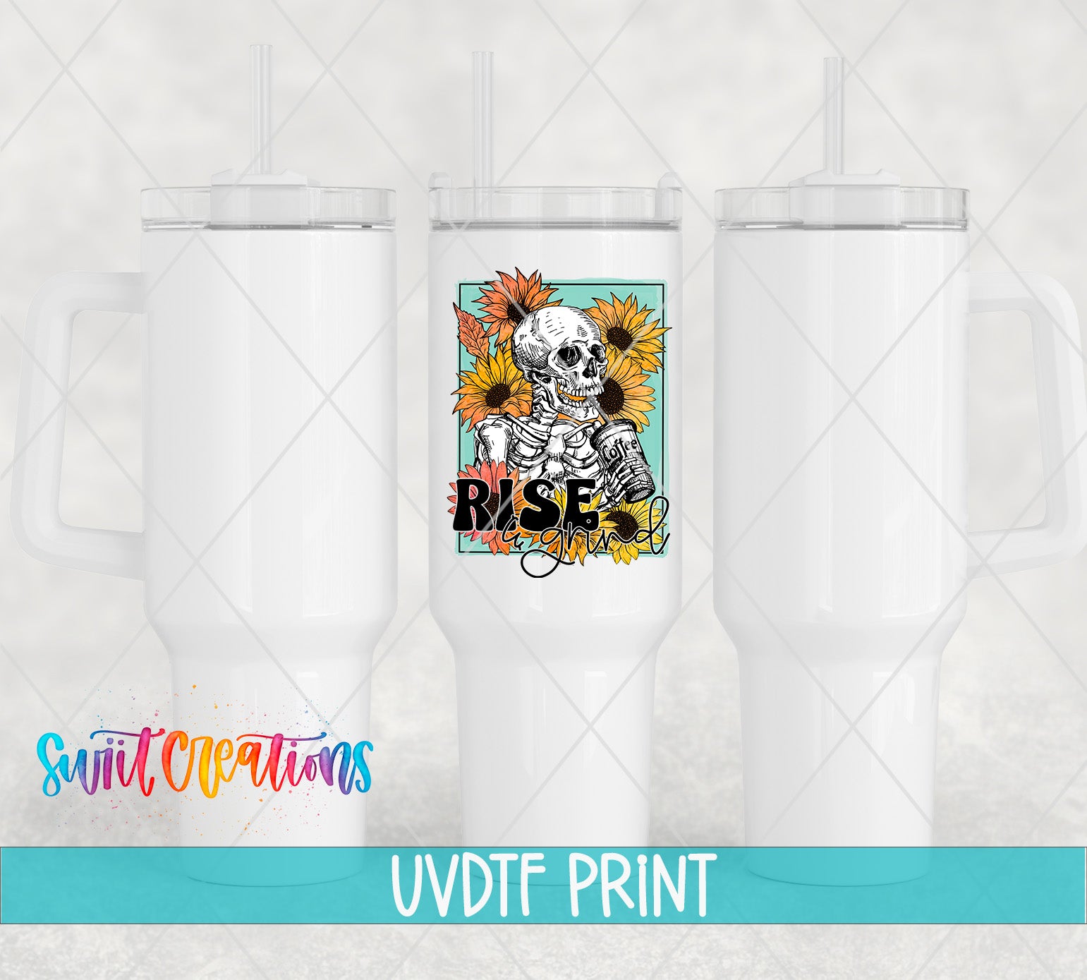 a white tumbler with a skeleton and sunflowers on it