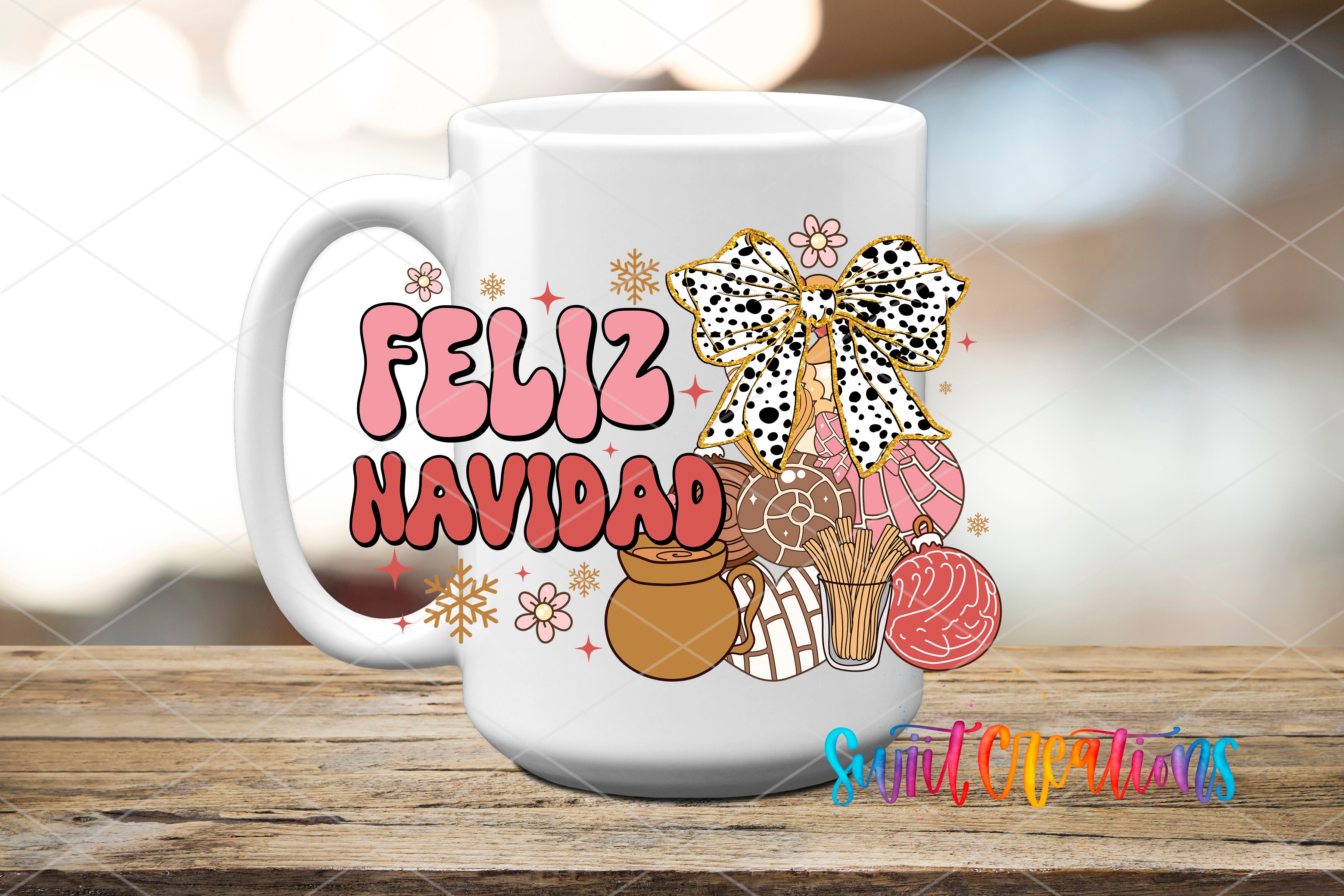 A white ceramic mug with a festive design featuring a bow, snowflakes, and various holiday-themed elements.