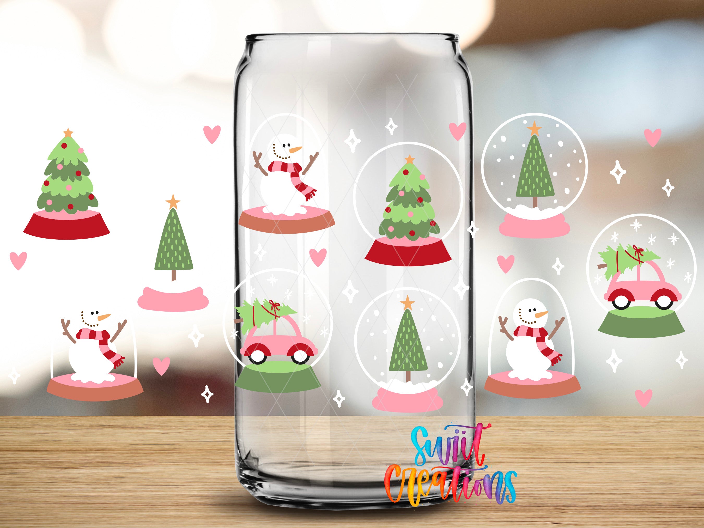 A glass jar filled with snow globes containing various Christmas-themed scenes, including a snowman, Christmas tree, and a car.