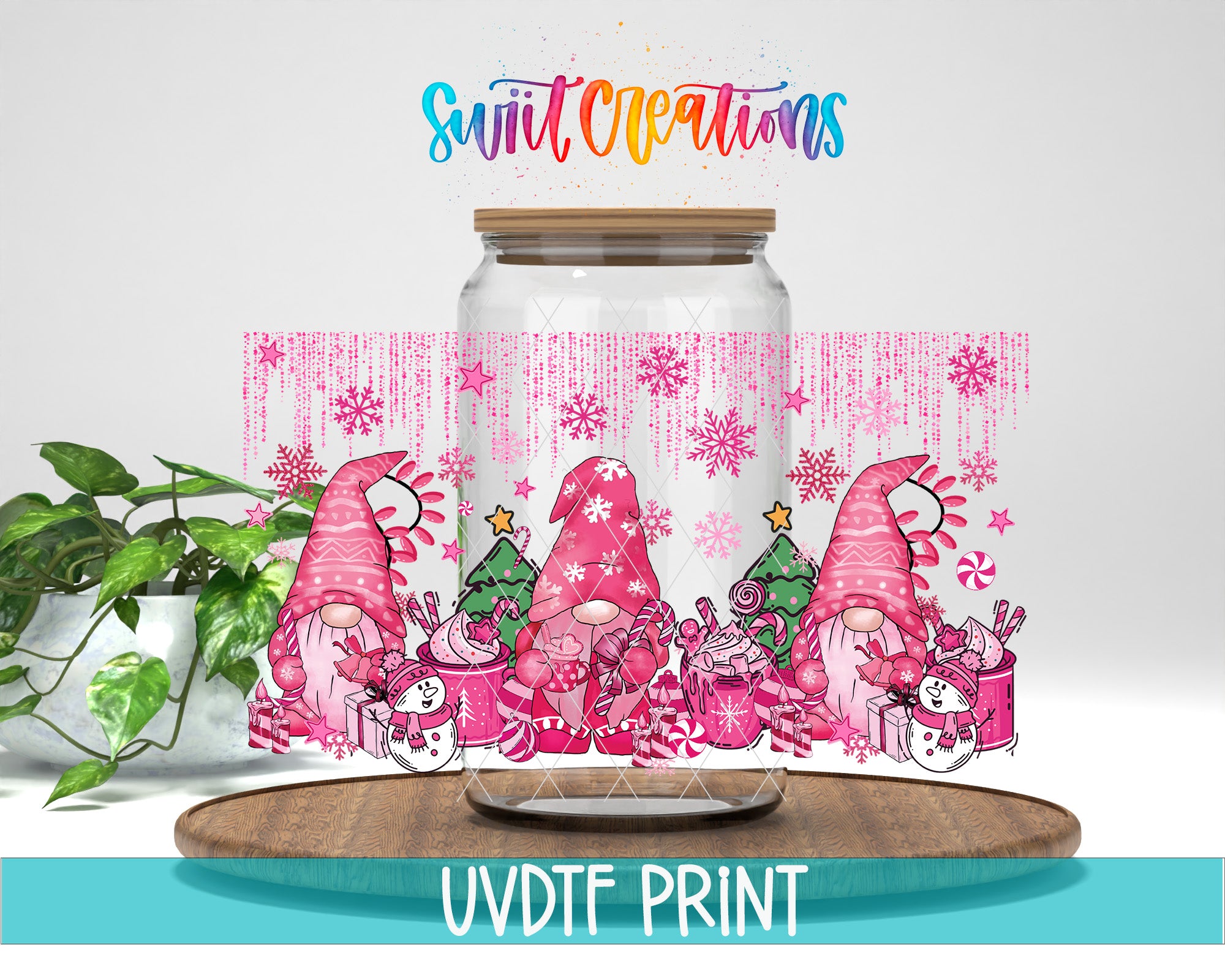 A glass jar with a festive design featuring pink gnomes, snowflakes, and Christmas trees. The text "Swift Creations" is written above the jar, and the phrase "UVDF PRINT" is written at the bottom of the image.