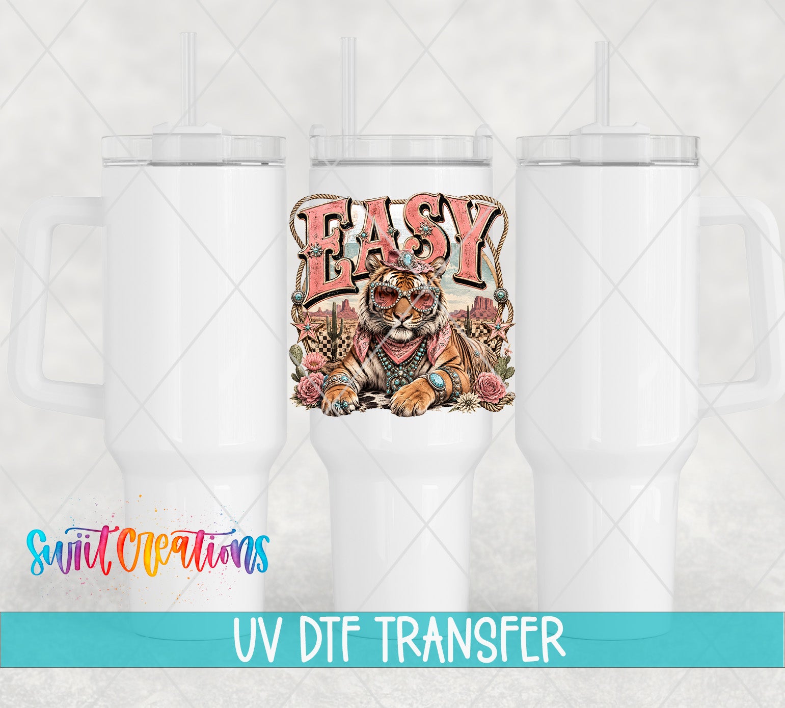 a white ceramic mug with a colorful tiger graphic and the word "EASY" printed on it.