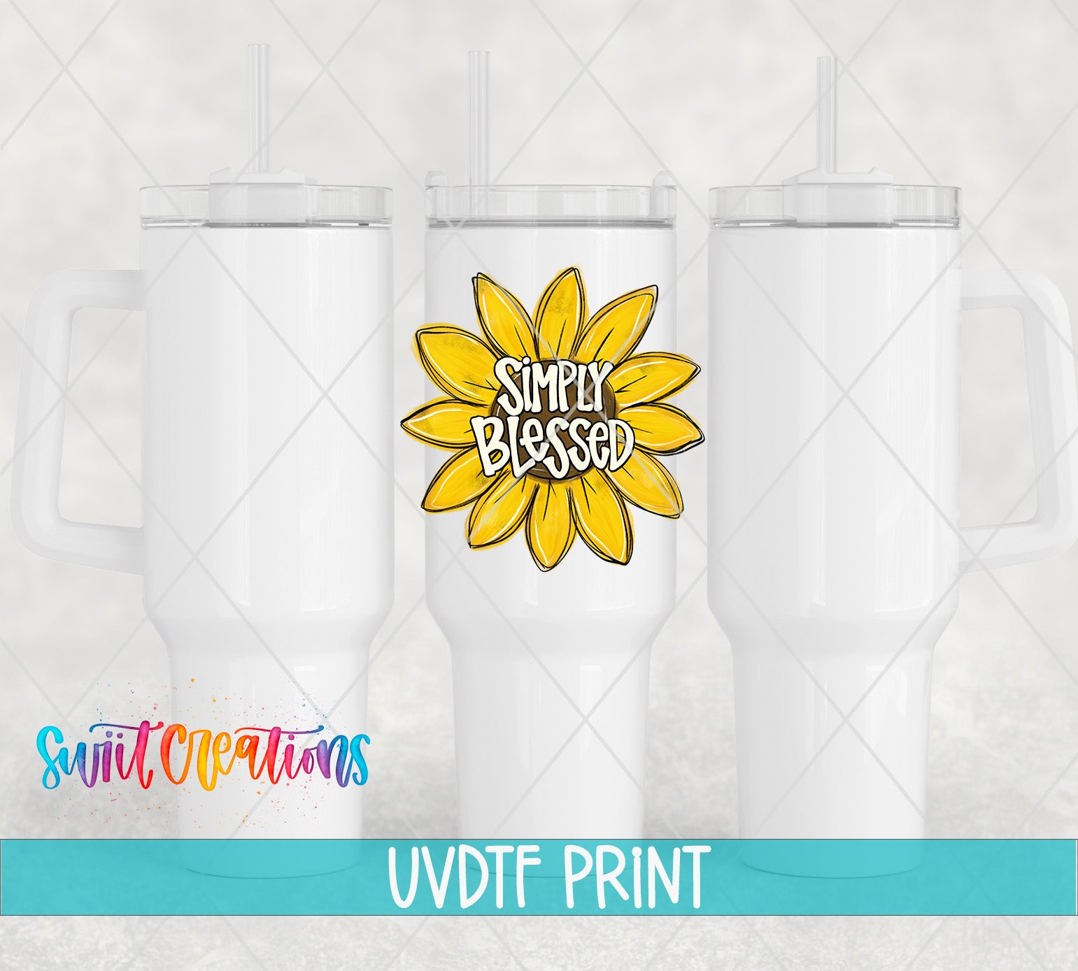 three white tumblers with a yellow flower design and the text "Simply Blessed" printed on them.