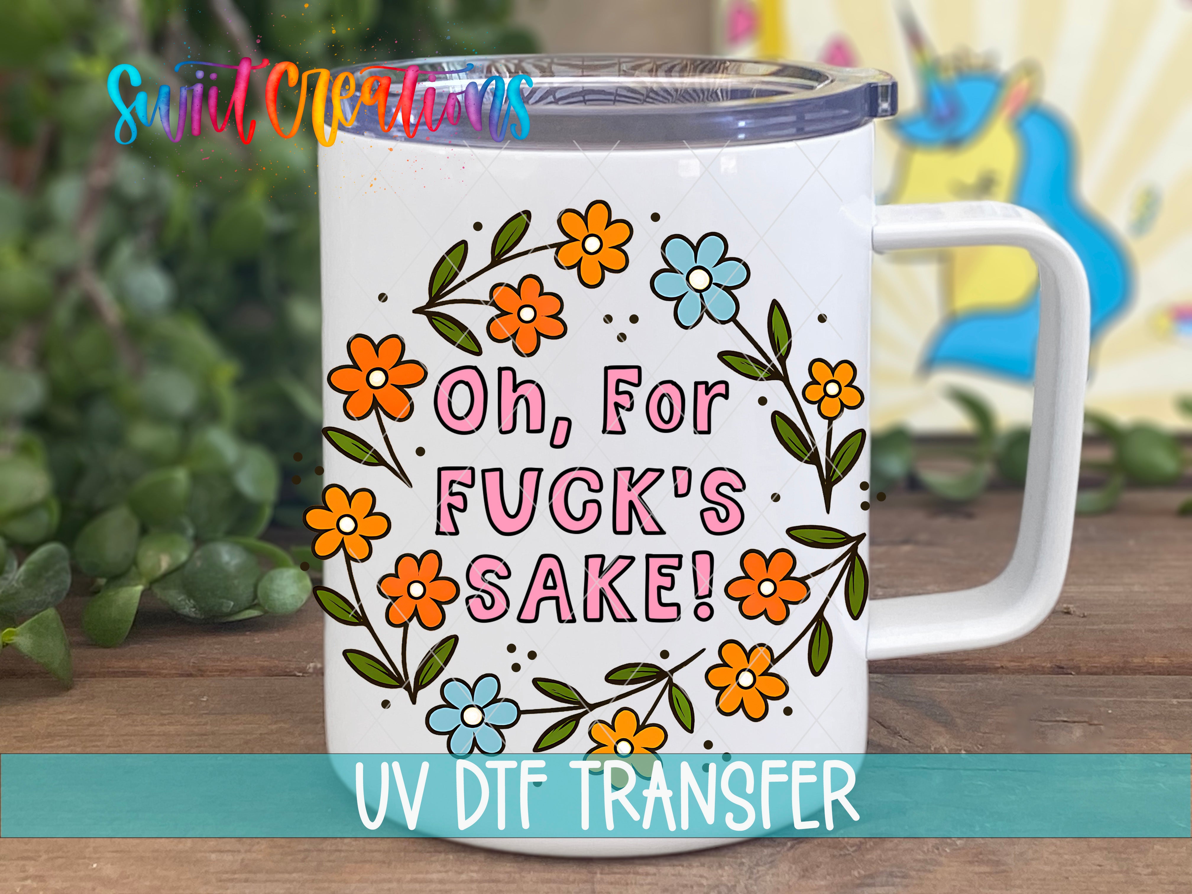 A white mug with a colorful floral design and text printed on it.