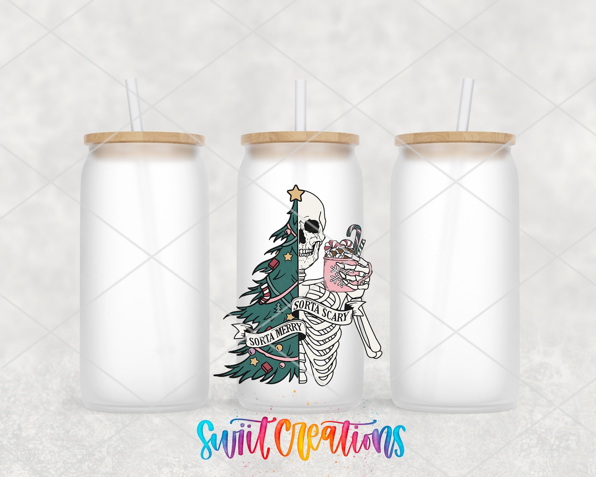 a set of three tumblers with a skeleton holding a christmas tree