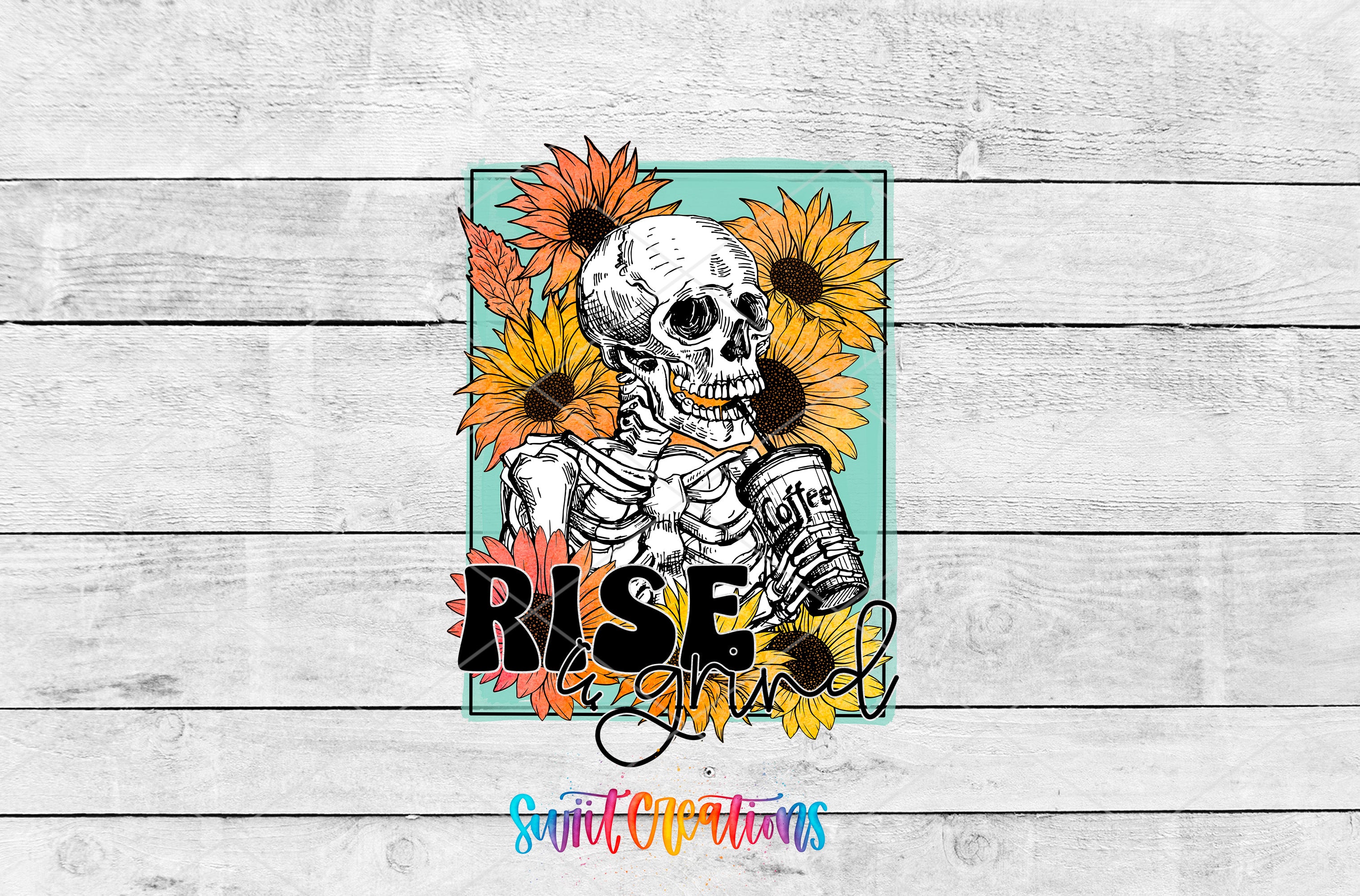 a skeleton with sunflowers on a wooden background